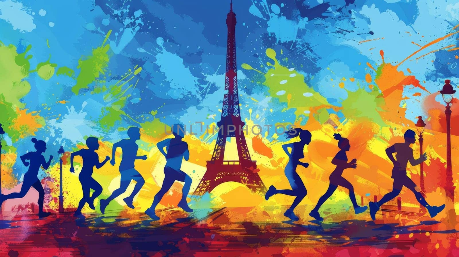 An energetic painting of silhouetted runners racing past the Eiffel Tower, set against a backdrop of dynamic, splashy colors. by sfinks