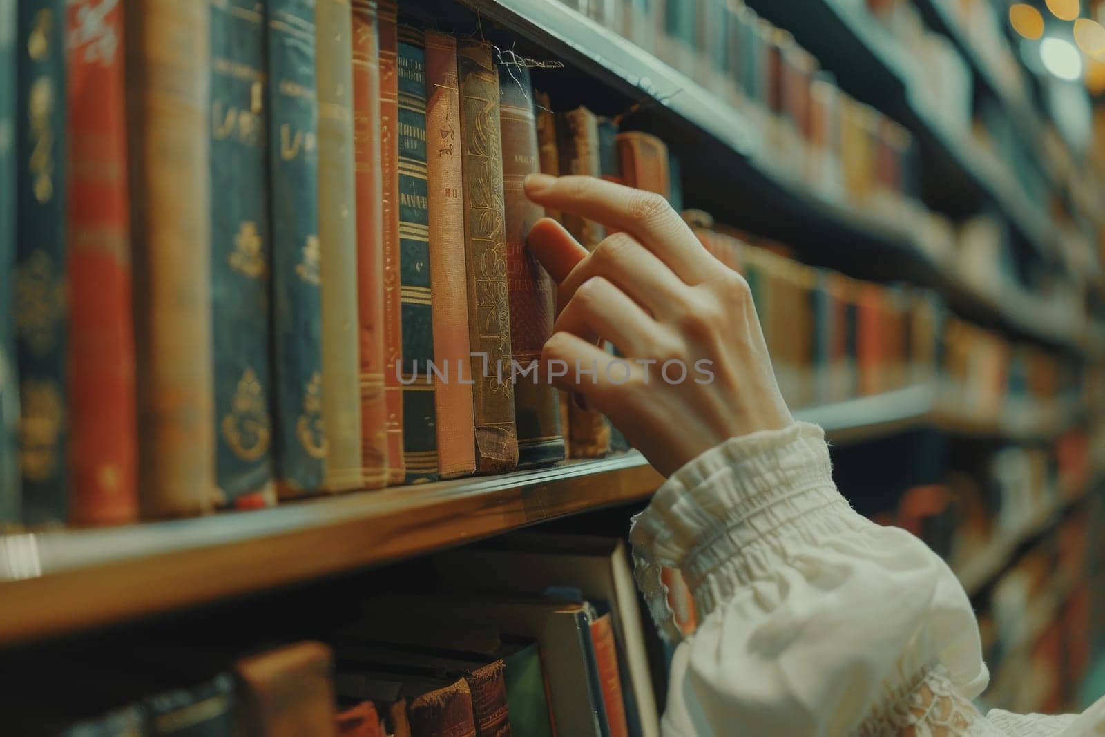 A person is reaching for a book on a shelf in a library. The books are arranged in rows and are of various sizes. The person appears to be interested in finding a specific book