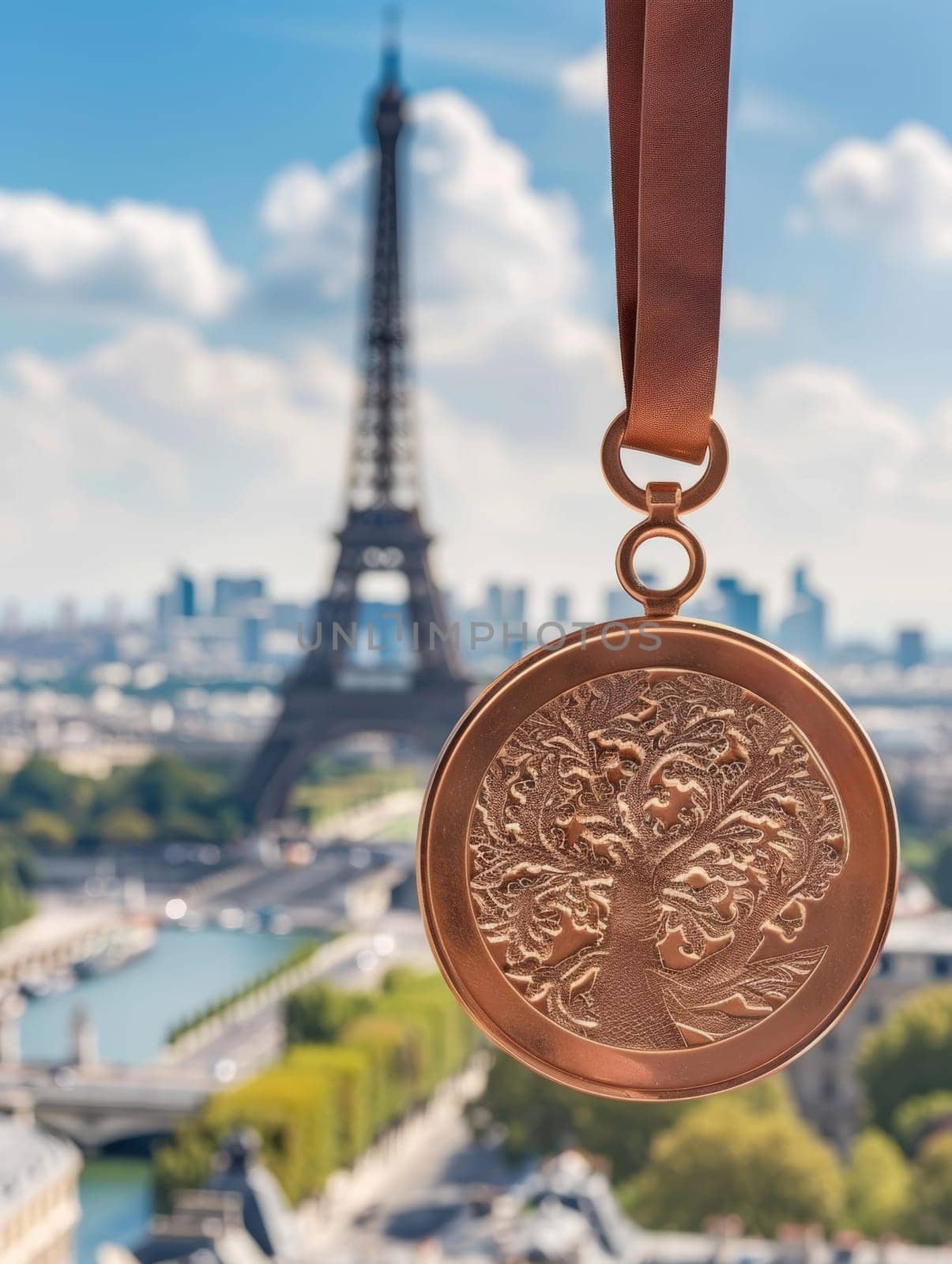 A close-up of a bronze medal hanging with an intricate tree design, the Eiffel Tower in soft focus behind under a clear sky. by sfinks