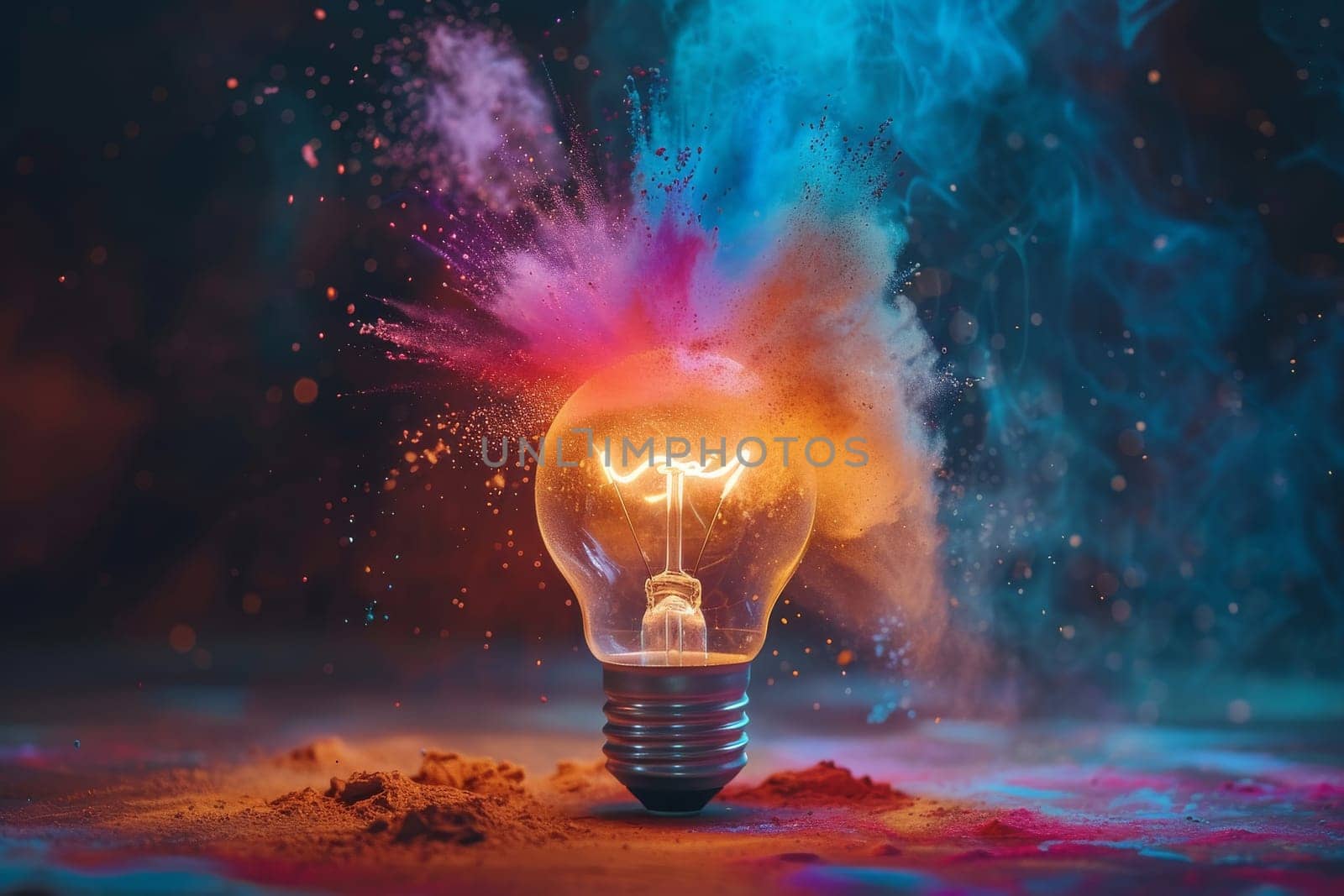 A light bulb is lit up and surrounded by colorful powder. The light bulb is surrounded by a cloud of smoke, giving the impression of a burst of energy. Concept of excitement and creativity