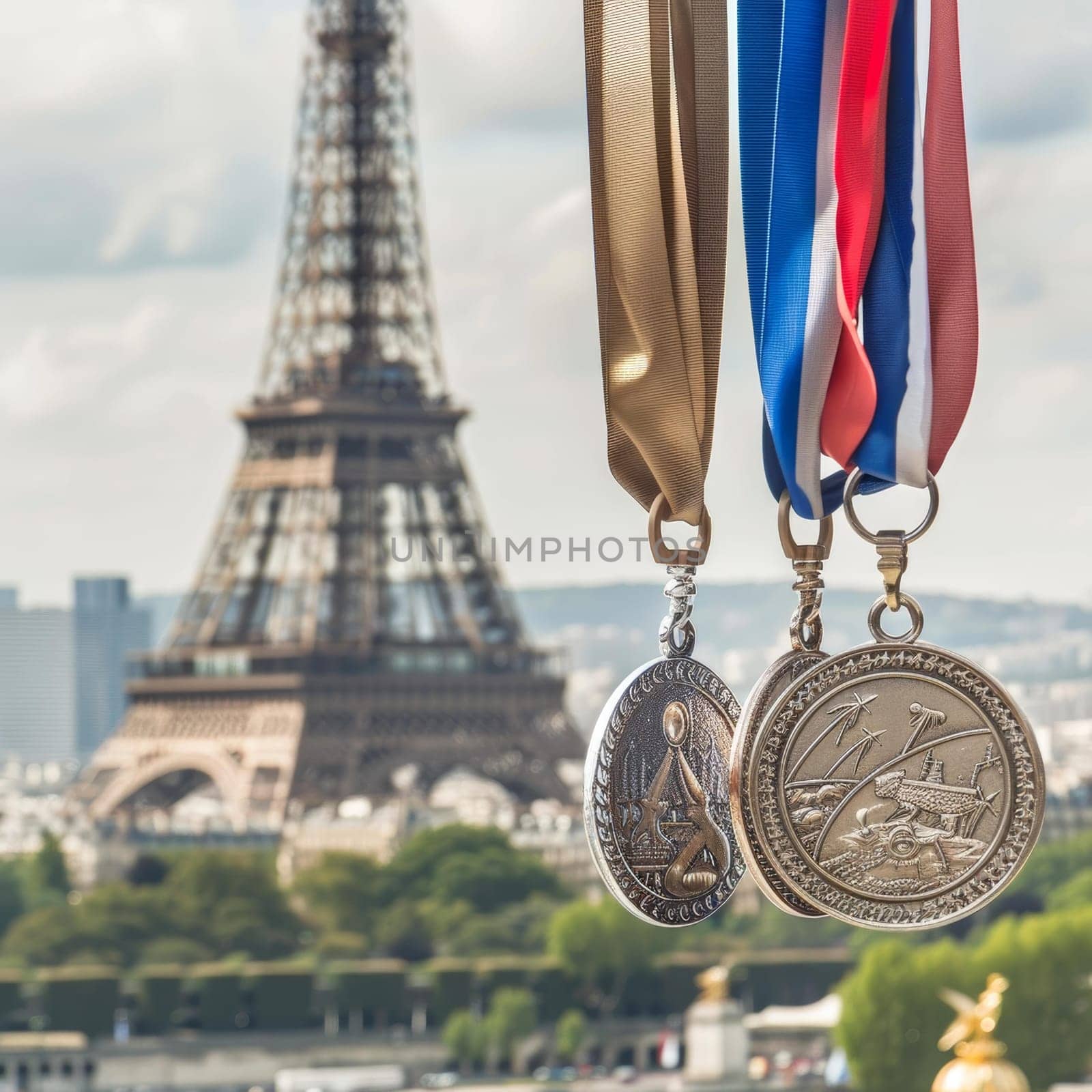 A pair of commemorative medals with ribbons displayed against the Eiffel Towers backdrop on a sunny day