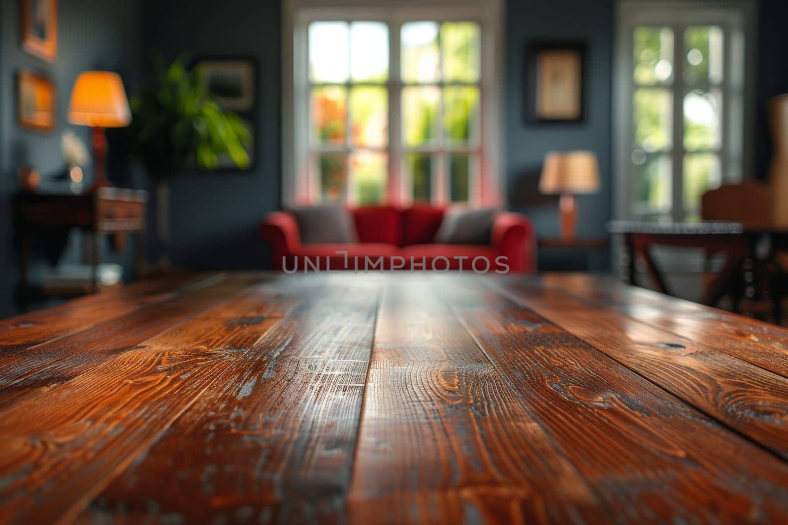 A living room with a red couch and a wooden table