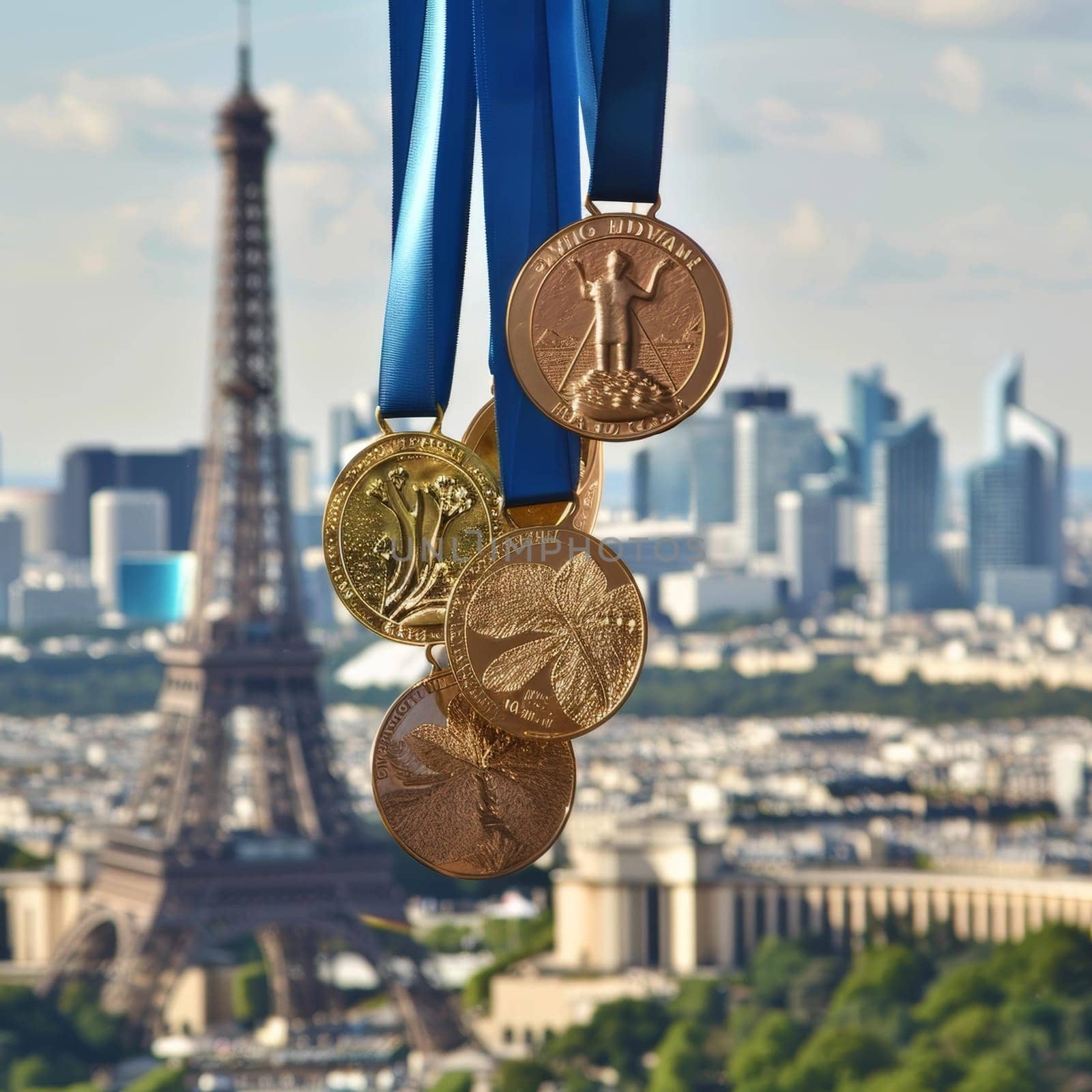 Close-up of a collection of sports medals hanging with the Eiffel Tower as a blurred backdrop, symbolizing athletic achievements in the city of lights. by sfinks