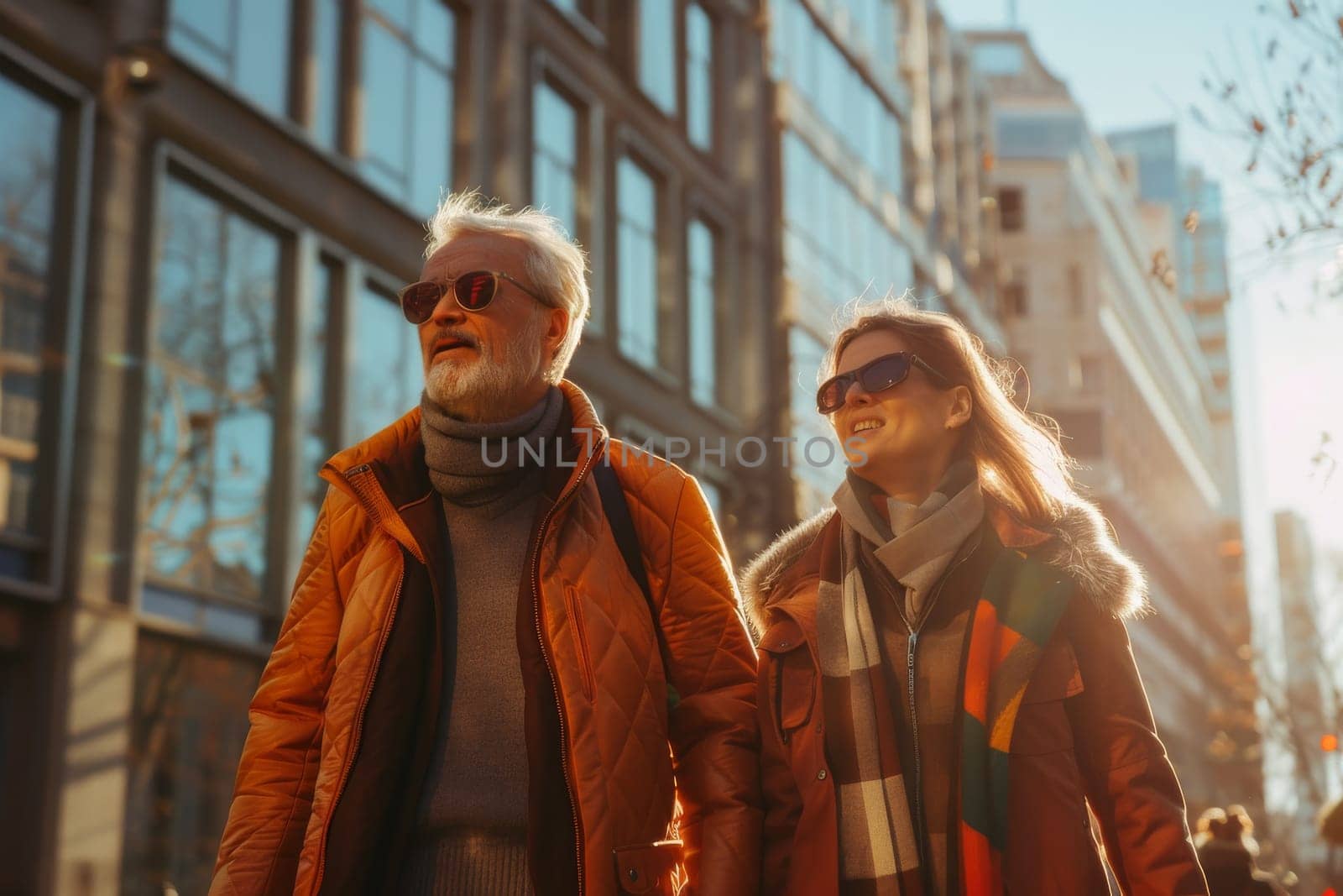 A man and woman are walking down a city street, both wearing sunglasses by itchaznong