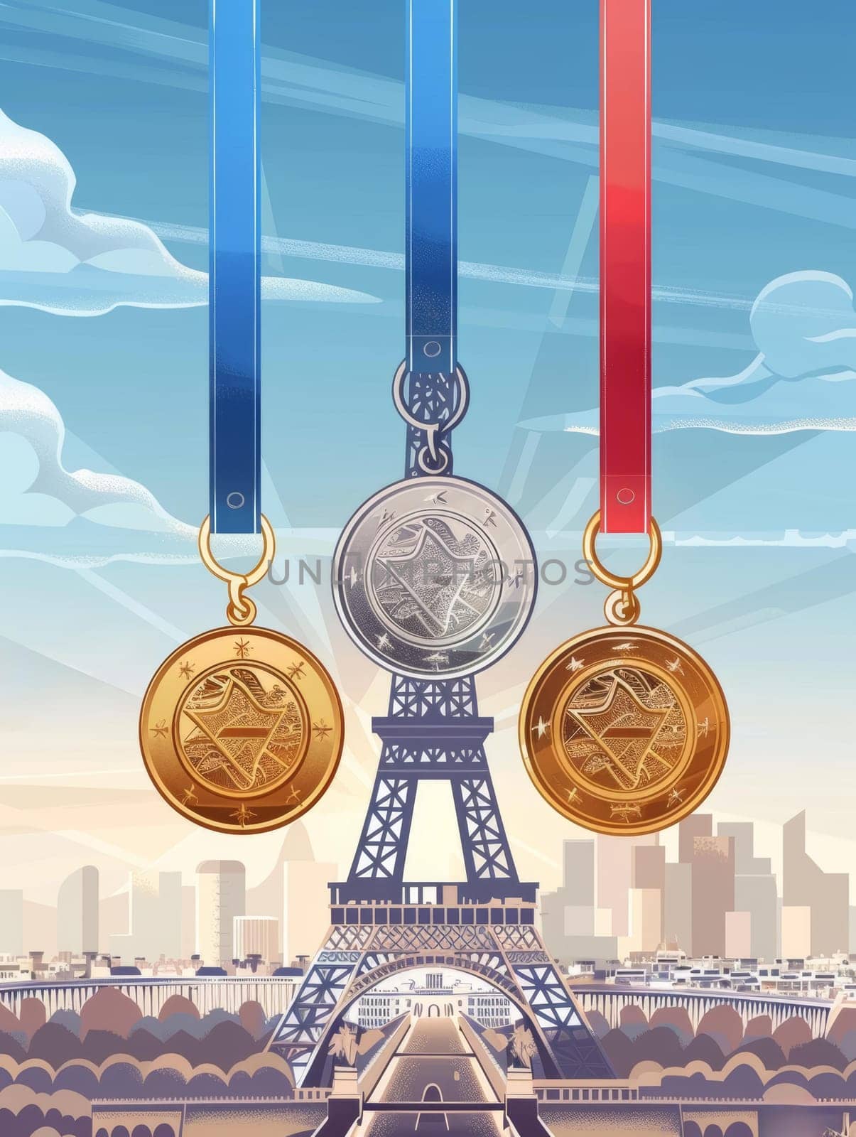 Illustration of three shiny medals with ribbons against a backdrop of the iconic Eiffel Tower and Paris skyline under a clear sky. by sfinks