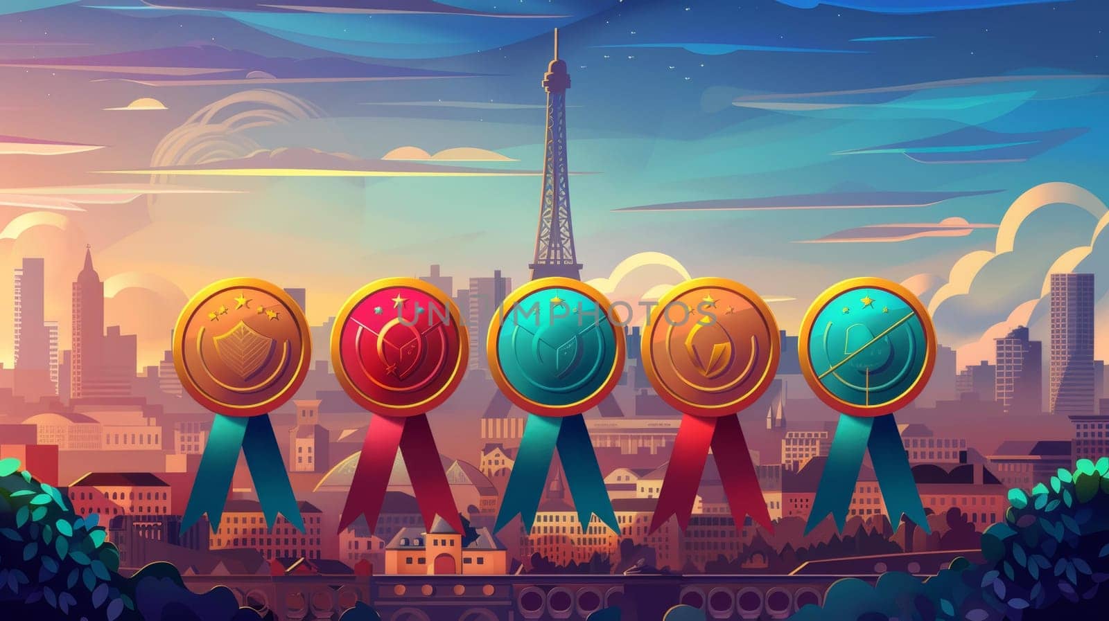 Colorful medals with intricate designs displayed before a stylized Eiffel Tower and a serene Parisian cityscape at dusk. by sfinks