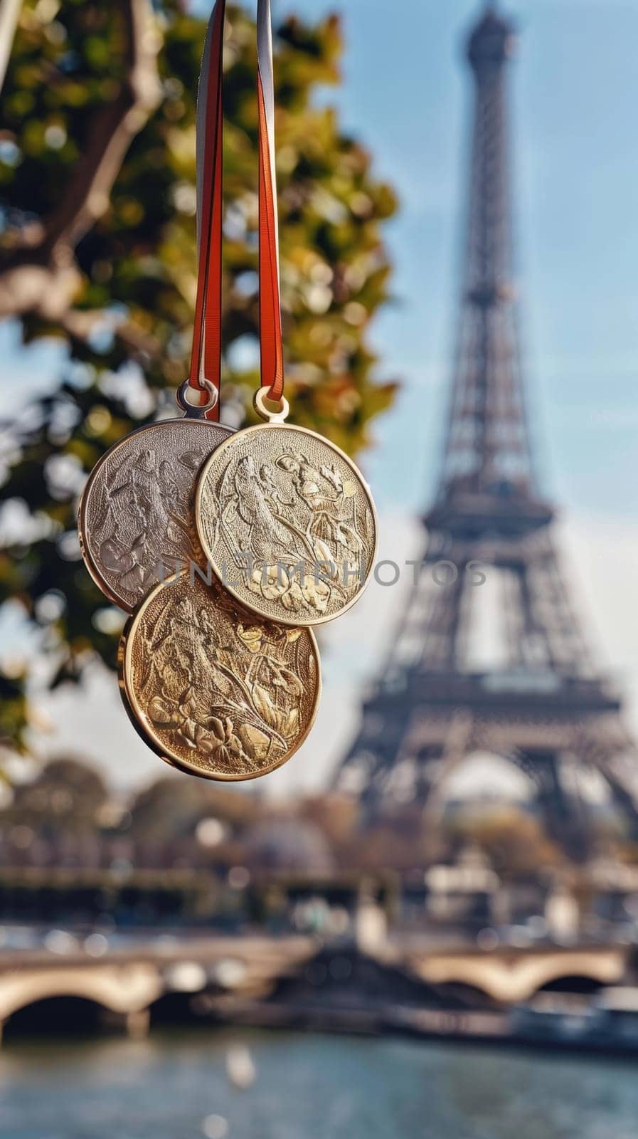 A trio of golden medals, embossed with intricate designs, dangle in sharp focus with Pariss iconic Eiffel Tower softly blurred in the background, offering a symbol of achievement with a touch French