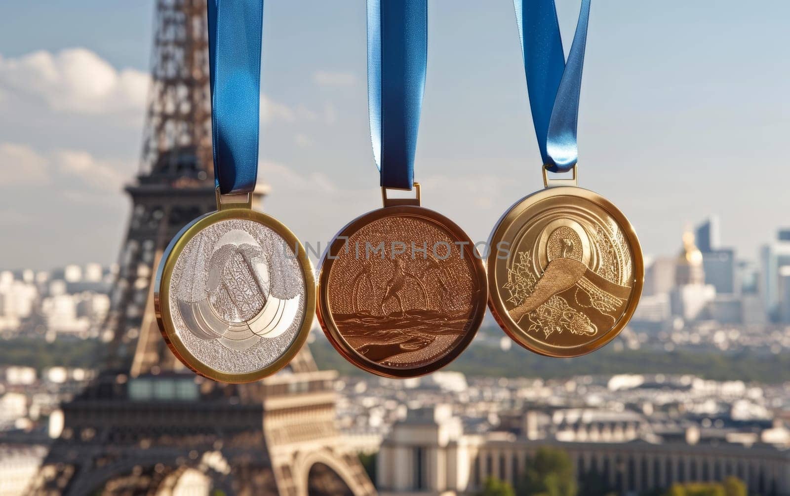 Realistic silver, bronze, and gold medals with blue ribbons against a Paris backdrop, Eiffel Tower visible under a bright sky. by sfinks