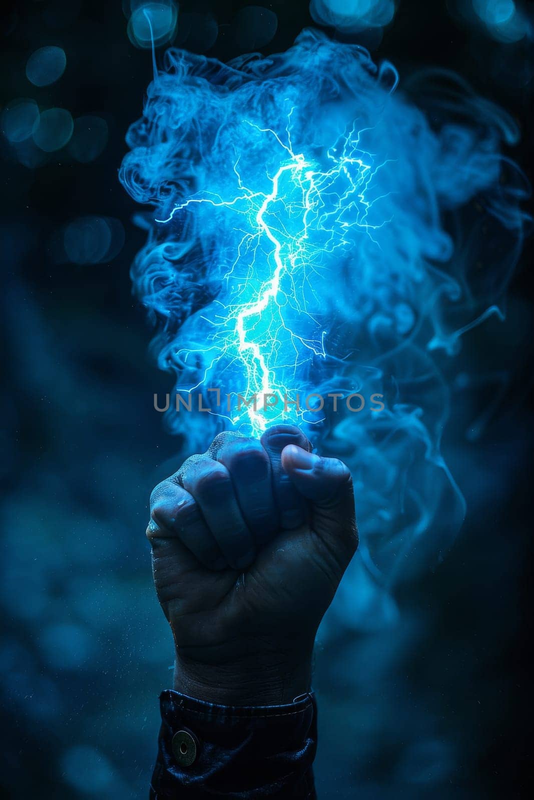 A hand is holding a blue lightning bolt. The image has a mood of excitement and power. The blue color of the lightning bolt and the hand creates a sense of energy and movement