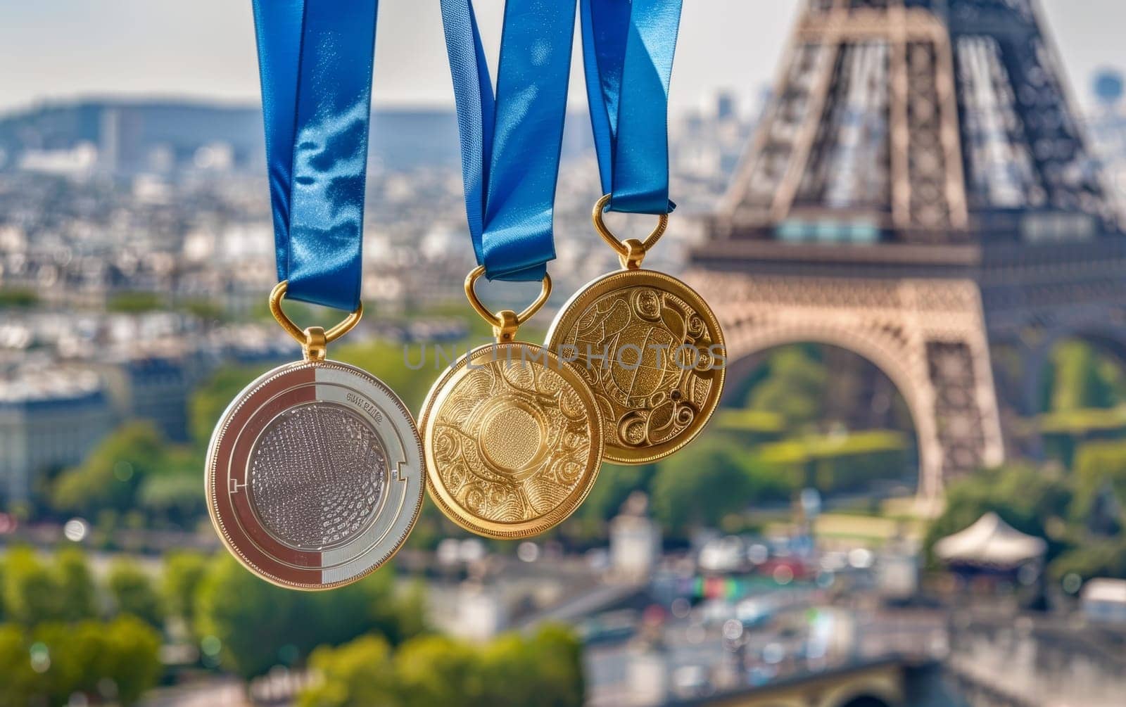 Golden medals basking in sunlight, adorned with blue ribbons against the backdrop of the Eiffel Tower and Paris skyline. by sfinks