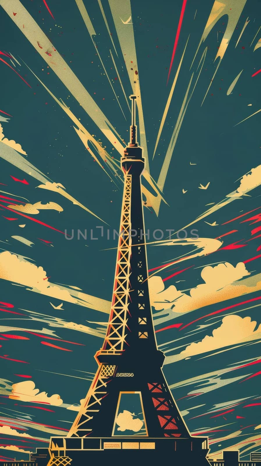 Stylized retro poster of the Eiffel Tower with abstract rays and flecks of color against a dark teal sky, capturing a timeless Parisian icon with a modern twist. by sfinks