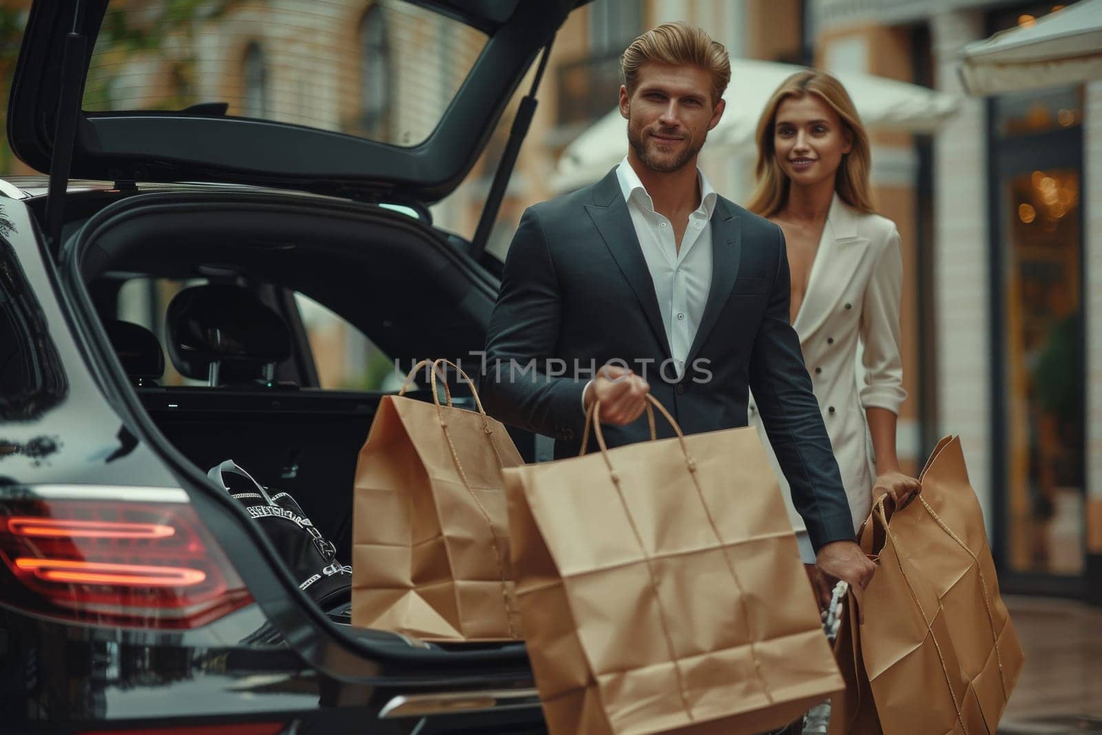 Billionaire couple holding shopping bags. Luxury shopping concept by itchaznong