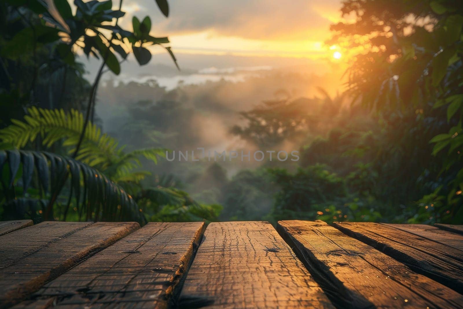 A wooden platform with a view of a forest and a lake. The sun is setting, casting a warm glow over the scene