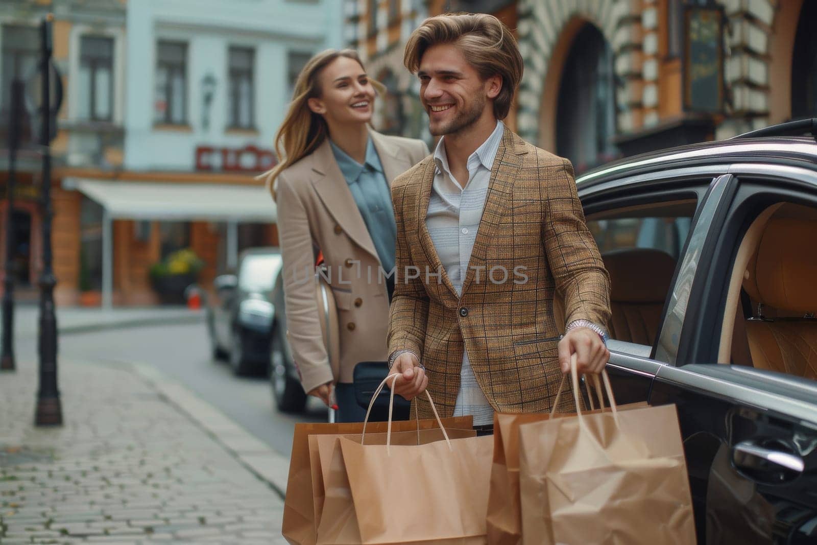 Billionaire couple holding shopping bags. Luxury shopping concept.