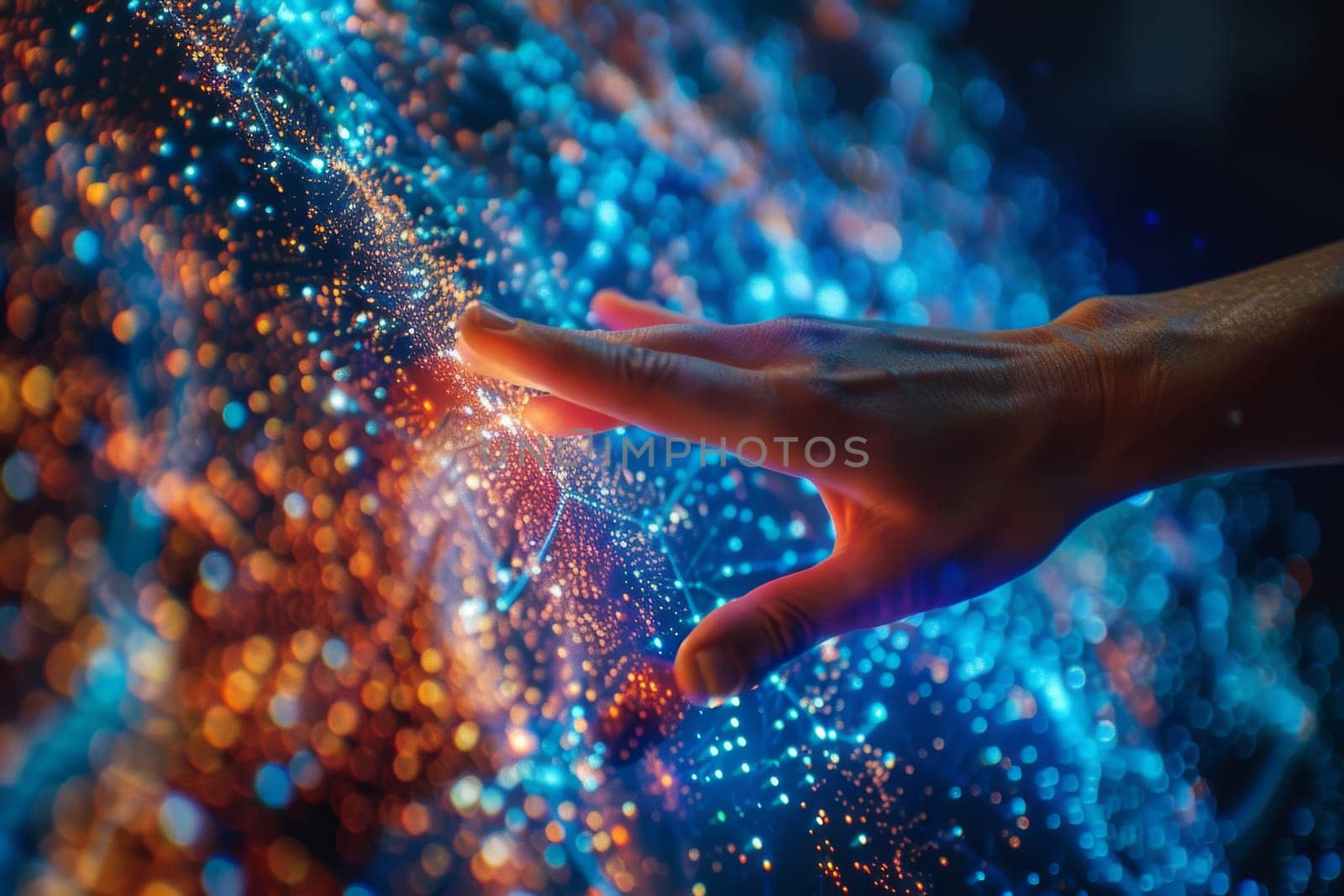 A hand is touching a glowing blue and orange background. Concept of wonder and curiosity, as if the hand is reaching out to explore the unknown