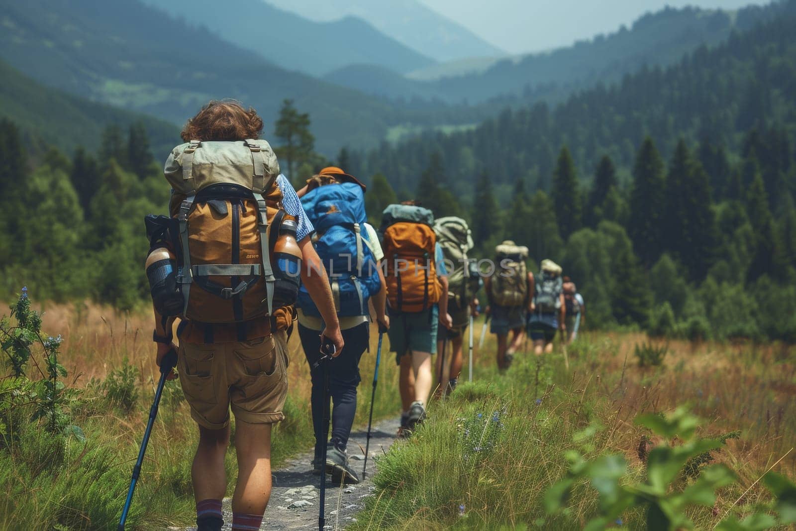 A group of people are hiking in the woods, with some of them carrying backpacks by itchaznong