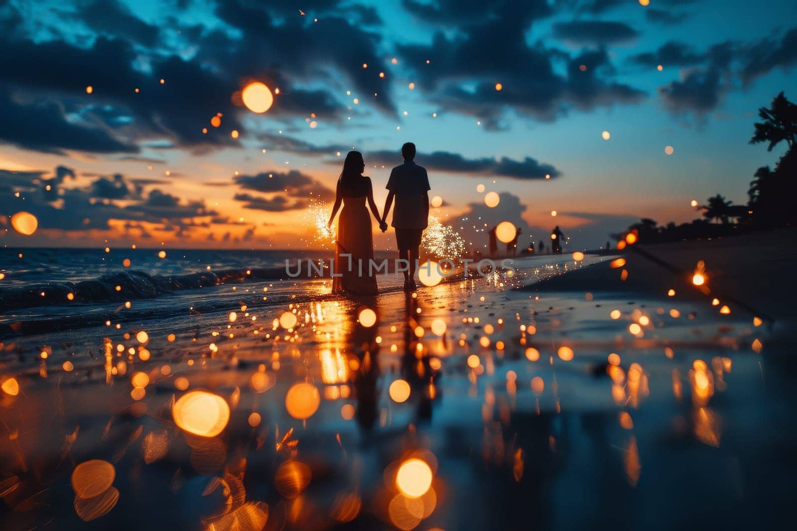 Happy, young couple on beach at summer night.