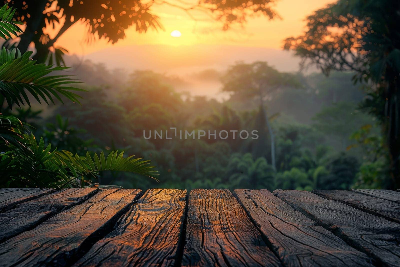 A wooden table with a view of a forest and a sunset in the background.