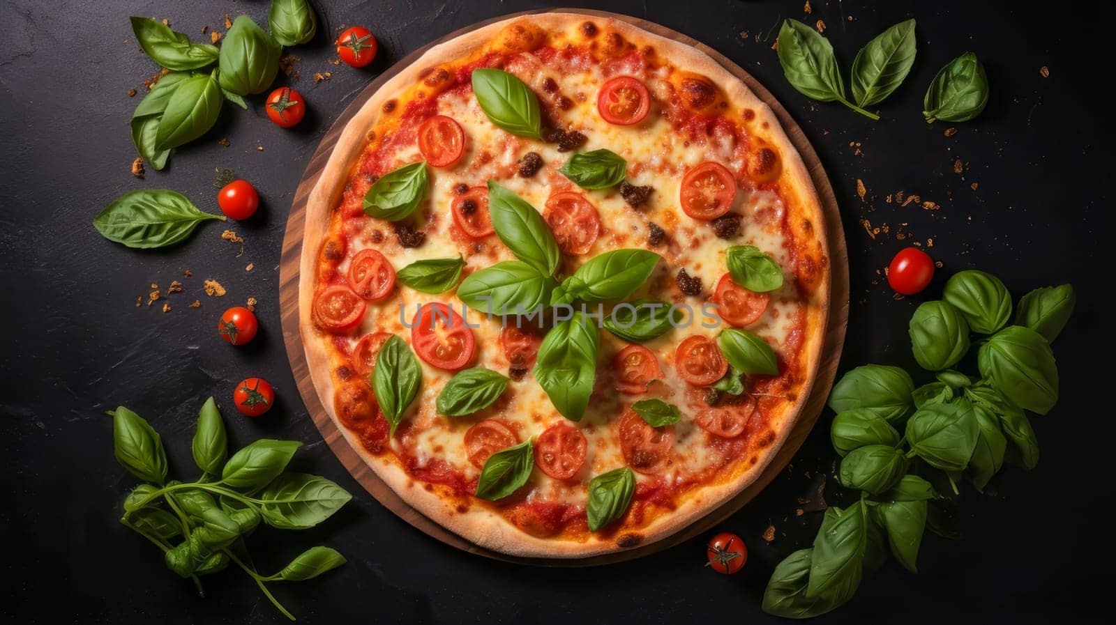 Delicious aromatic pizza with gooey cheese, salami, pepperoni, and basil, next to the ingredients on a dark table surface. by Alla_Yurtayeva