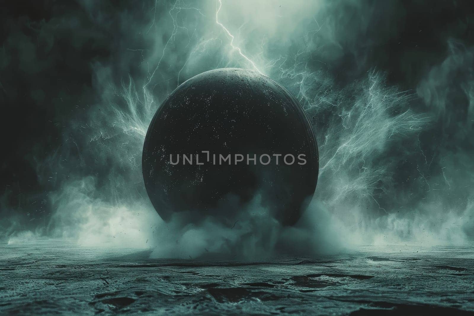 A large black sphere is surrounded by a cloud of smoke and a bolt of lightning. The scene is dark and ominous, with a sense of danger and chaos