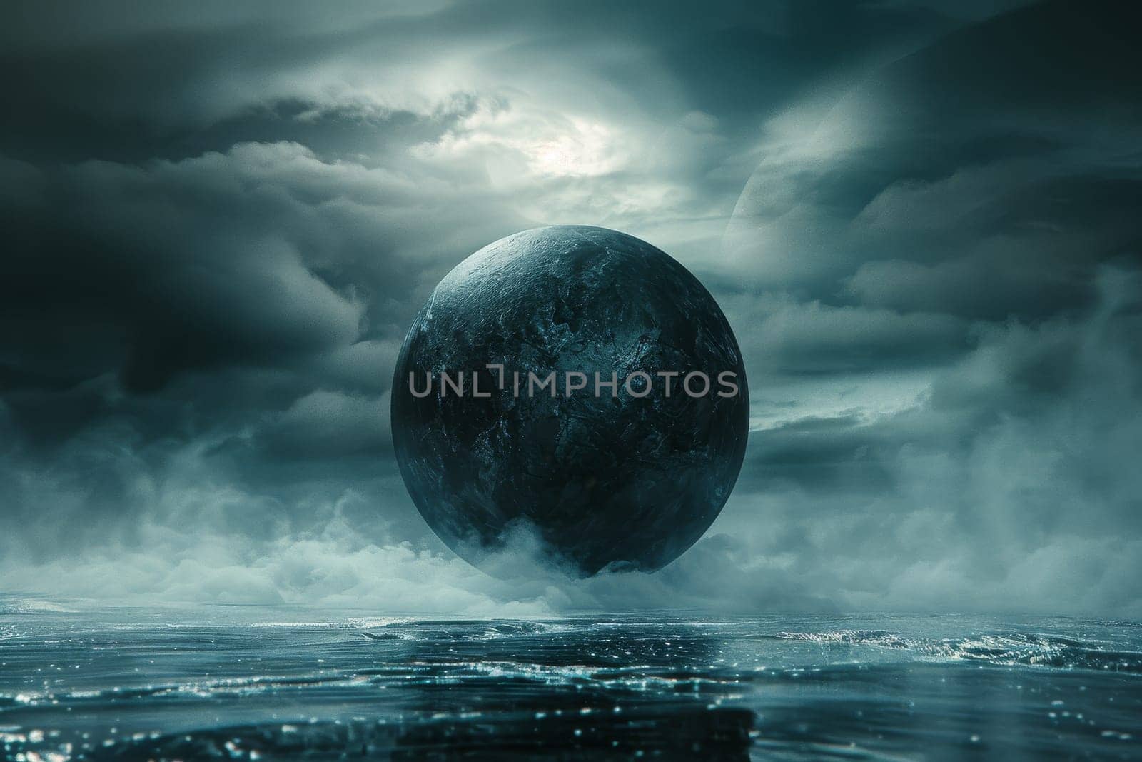 A large, dark, and mysterious planet is floating in the sky above a body of water. The sky is filled with clouds, giving the scene a moody and ominous atmosphere