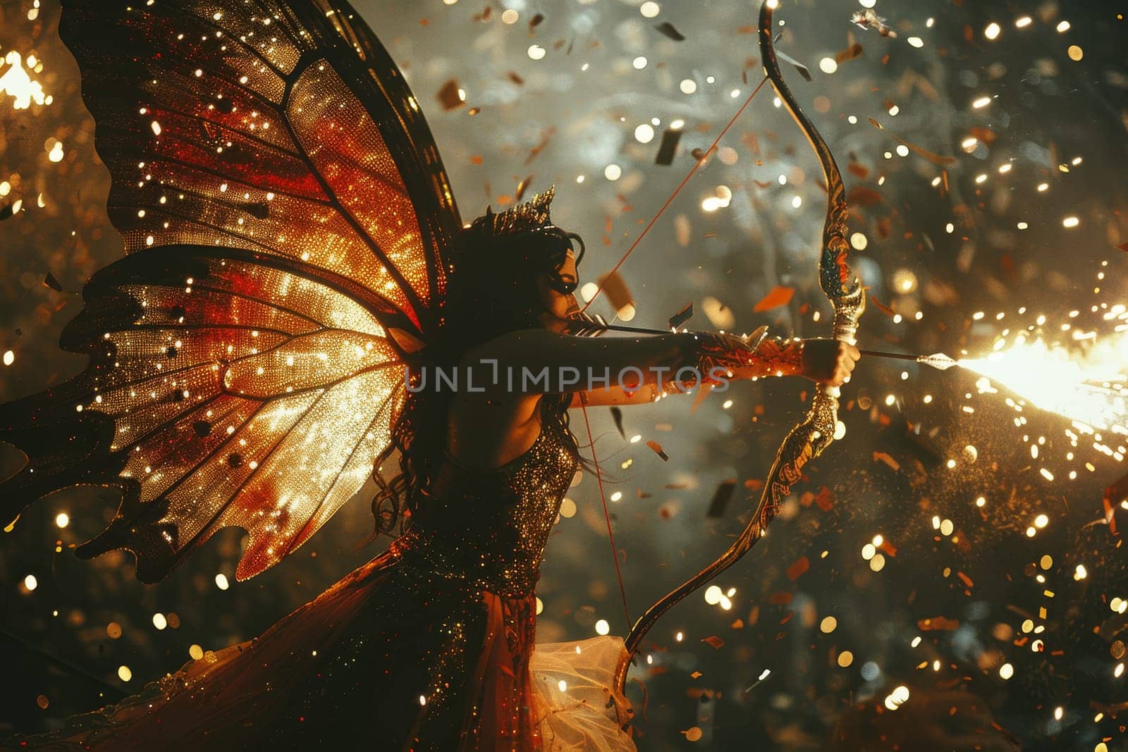 A woman dressed as a fairy is holding a bow and arrow. The scene is set in a dark, mysterious forest with a lot of glitter and confetti