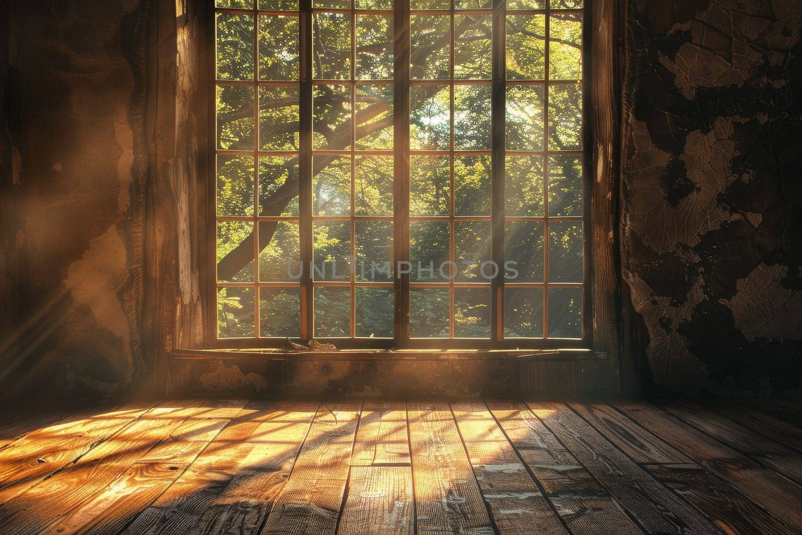 A window in a room with sunlight shining through it. The room is empty and has a wooden floor