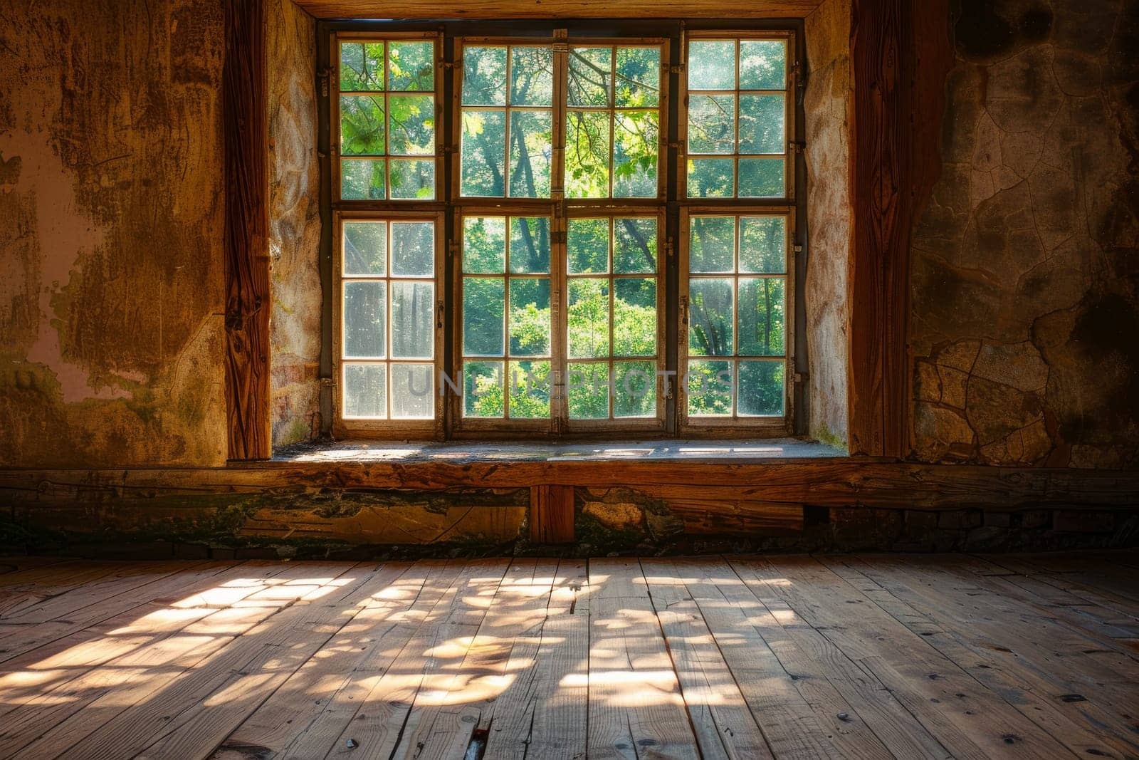 A window in a room with sunlight shining through it. The room is empty and has a wooden floor