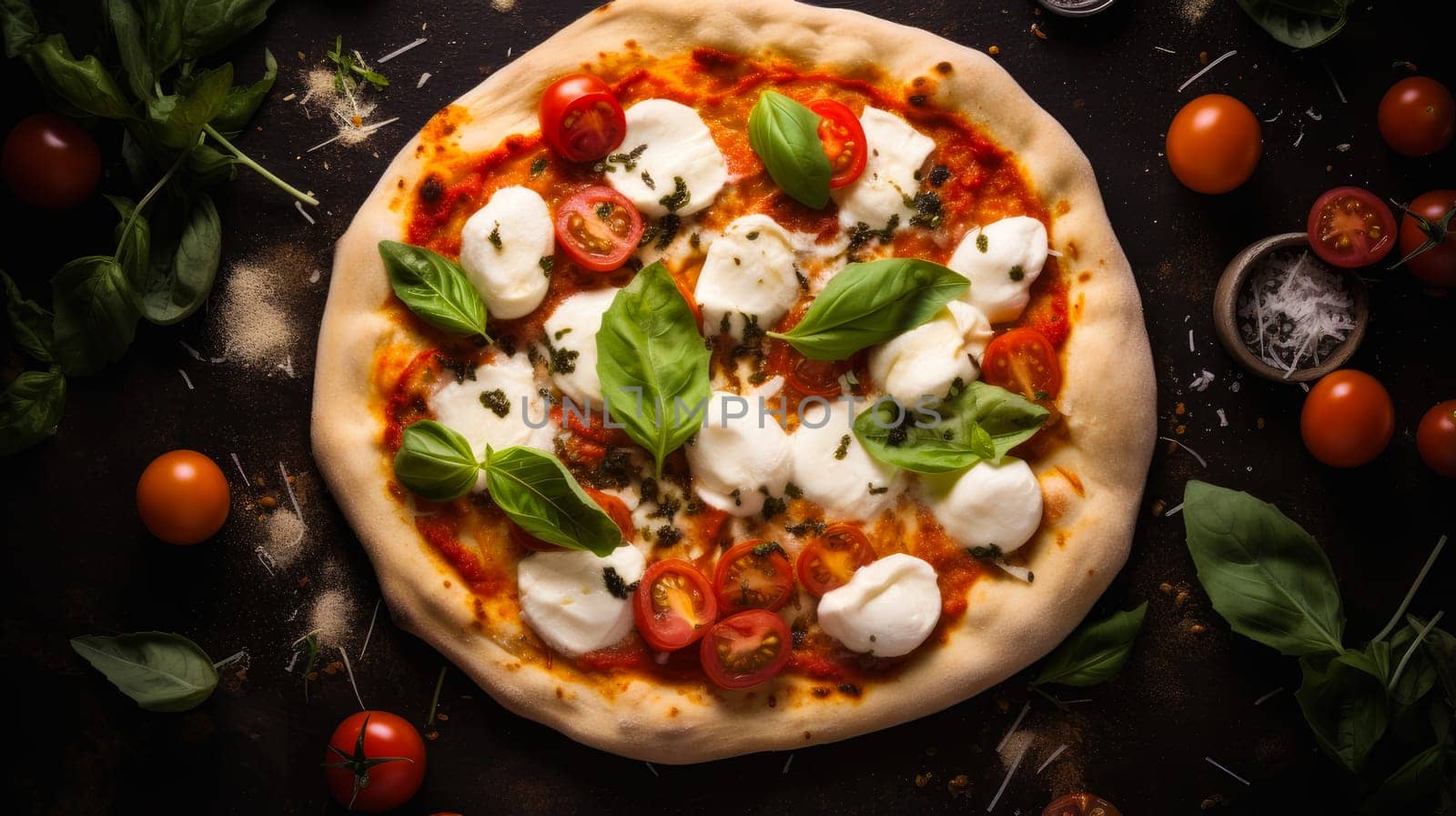 Delicious aromatic pizza with gooey cheese, salami, pepperoni, and basil, next to the ingredients on a dark table surface. Making pizza in a private pizzeria, small business, private business, chain restaurant, flavorful food, advertising, copy space