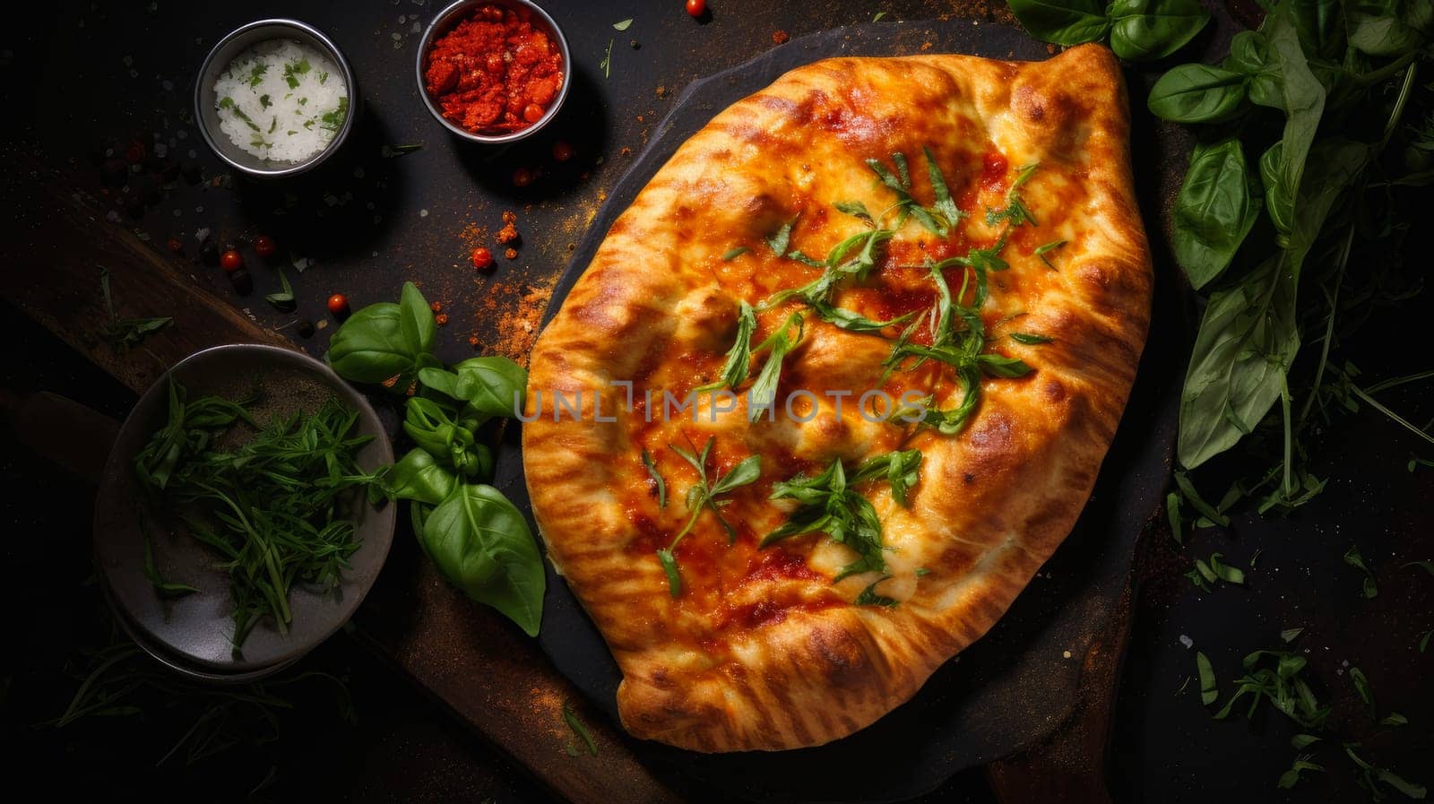 Delicious aromatic pizza with gooey cheese, salami, pepperoni, and basil, next to the ingredients on a dark table surface. Making pizza in a private pizzeria, small business, private business, chain restaurant, flavorful food, advertising, copy space