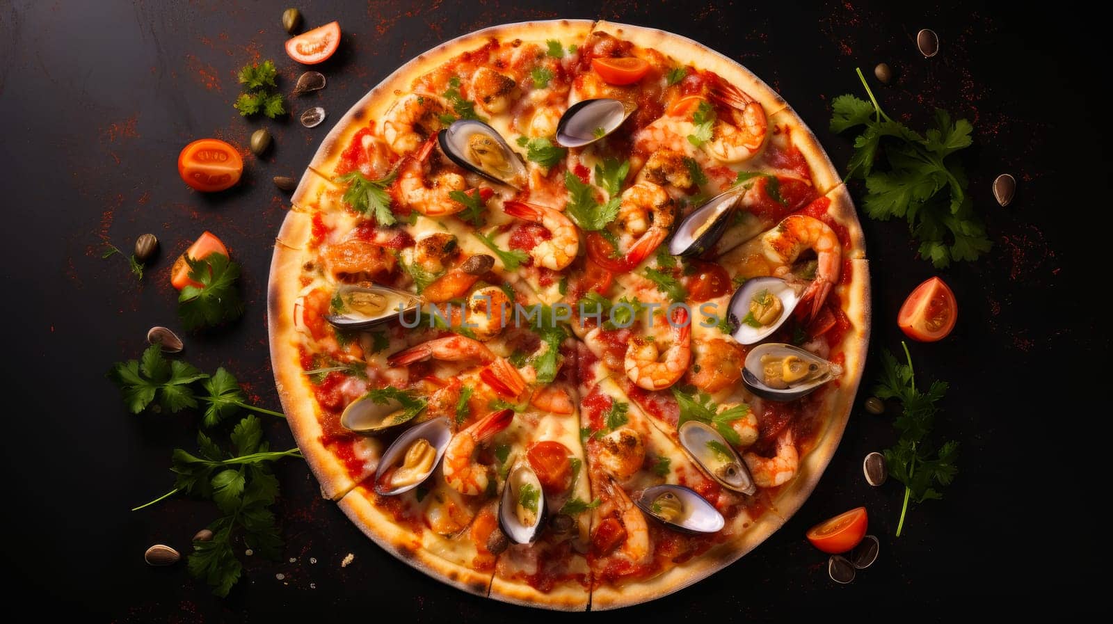 Delicious aromatic pizza with gooey cheese, seafood, and basil, next to the ingredients on a white background. by Alla_Yurtayeva