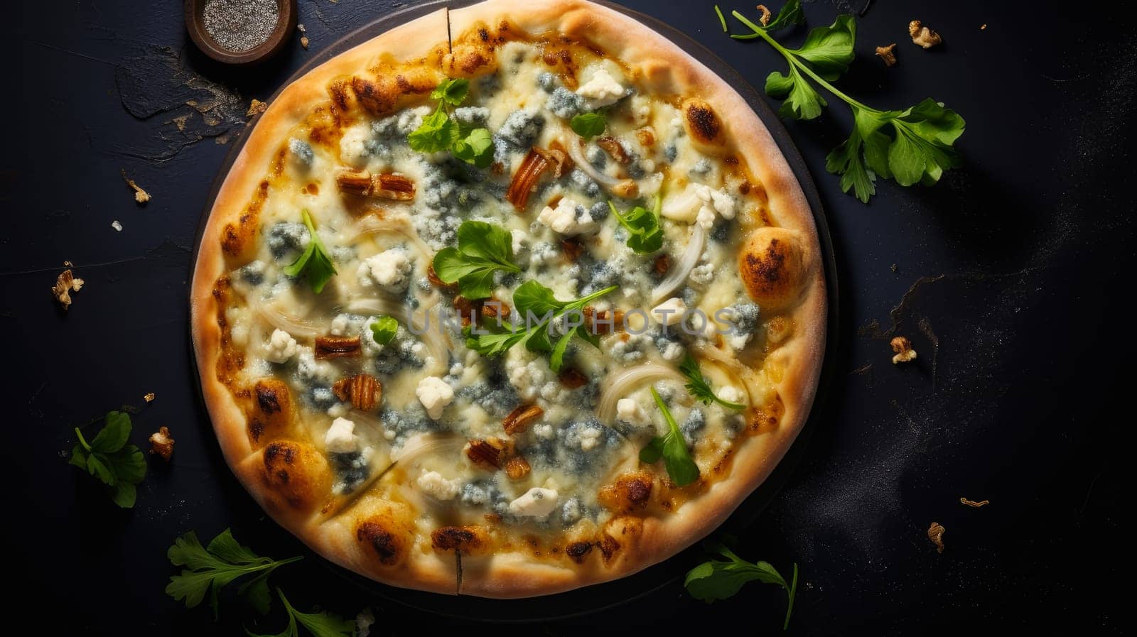 Delicious aromatic pizza with gooey cheese, salami, pepperoni, and basil, next to the ingredients on a dark table surface. Making pizza in a private pizzeria, small business, private business, chain restaurant, flavorful food, advertising, copy space
