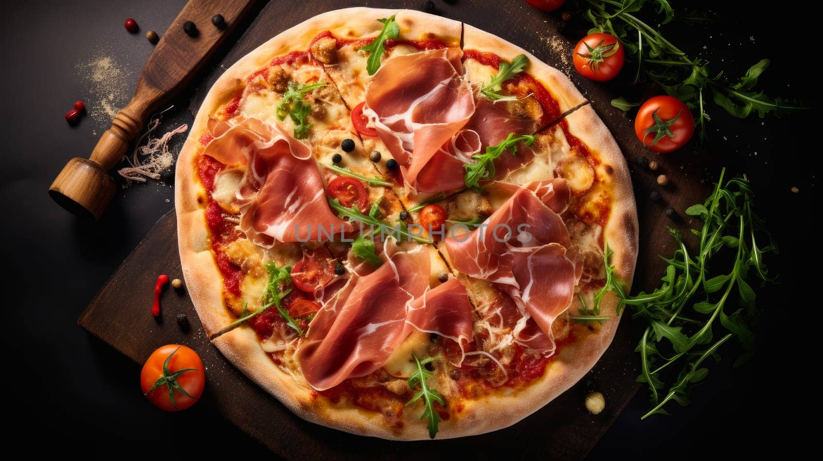Delicious aromatic pizza with gooey cheese, salami, pepperoni, and basil, next to the ingredients on a dark table surface. by Alla_Yurtayeva