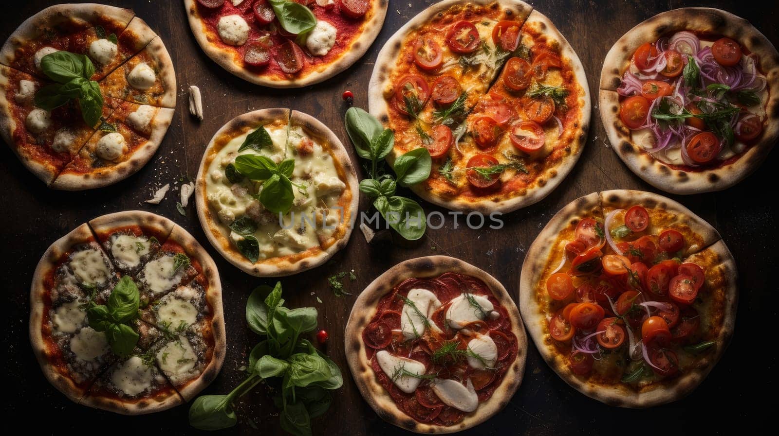 Large quantity of delicious aromatic pizza with gooey cheese, salami, pepperoni, and basil, next to the ingredients on a dark table surface. by Alla_Yurtayeva