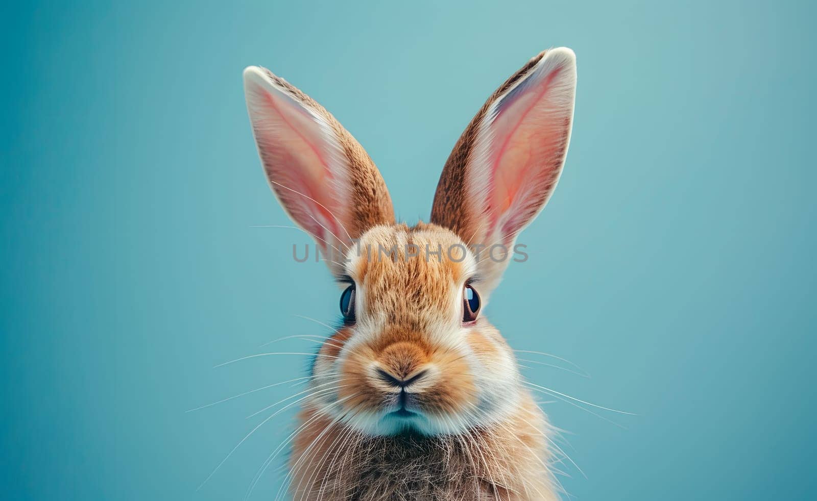 A brown rabbit with large ears posing on blue background by Nadtochiy