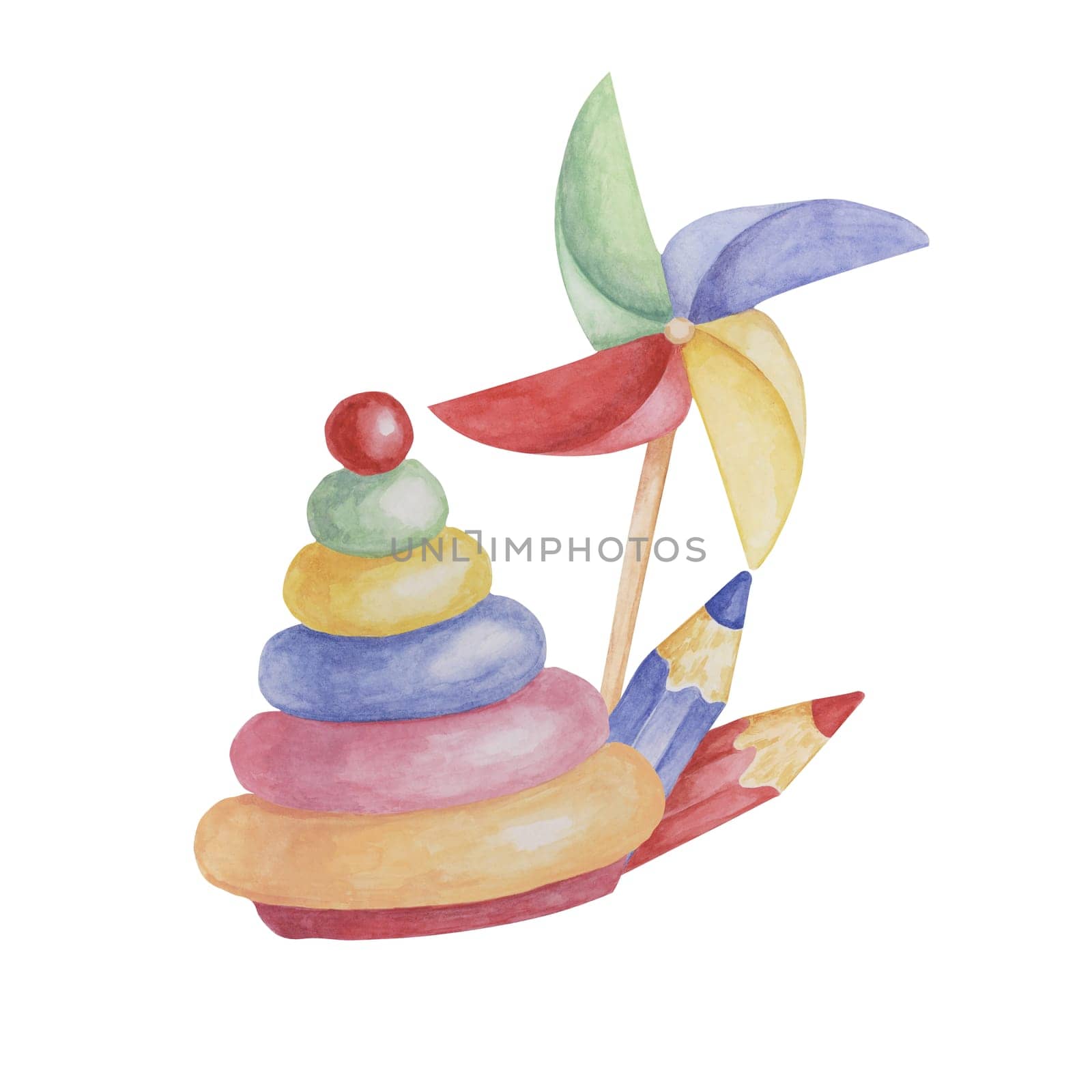 Stacking rings tower, pinwheel and crayons. Colored pencils, wind fan and toy pyramid clipart. Watercolor illustration for kids party, sticker, postcard, invitation, baby shower, nursery decor