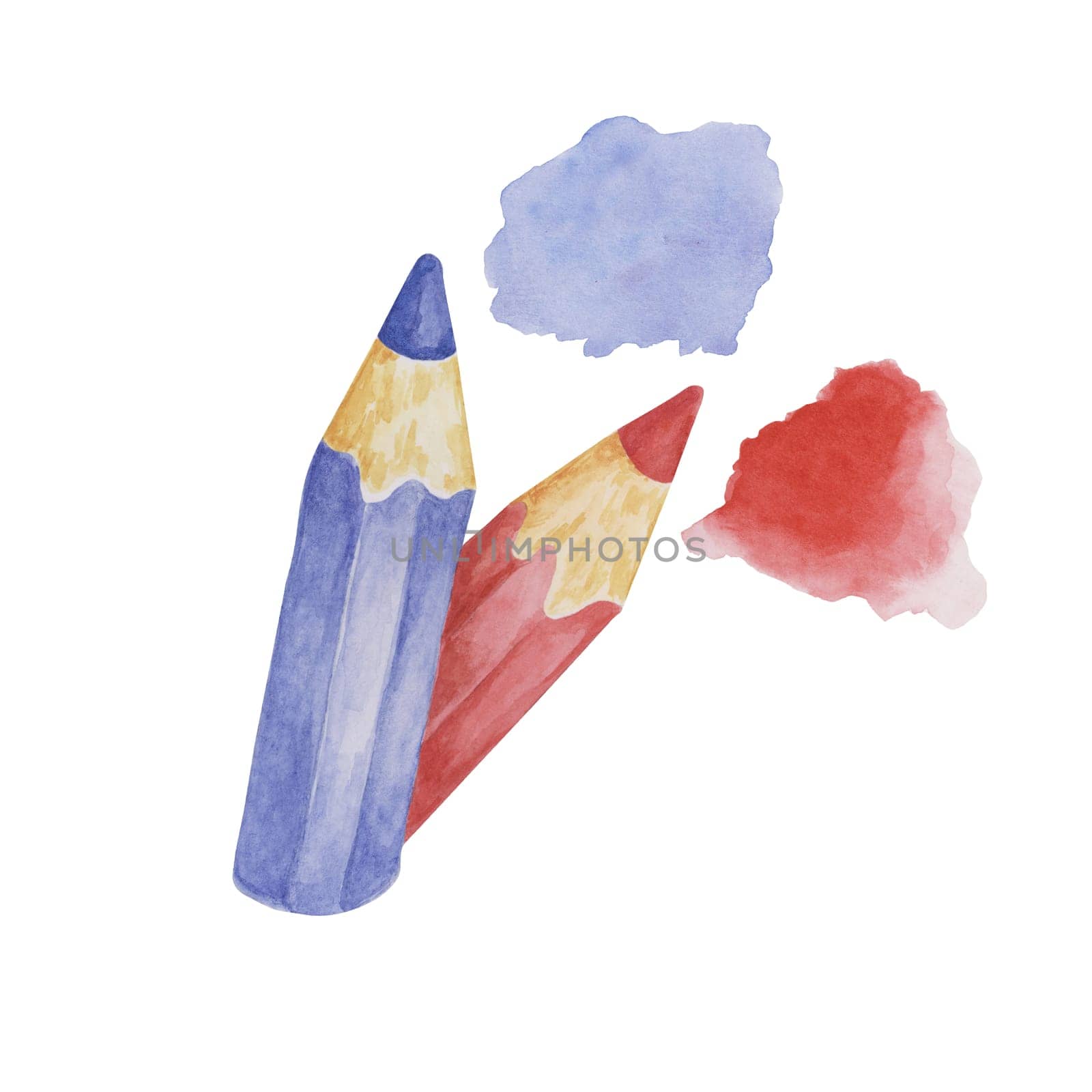 Red and blue colored pencils. Wooden crayon clipart for drawing with color stains. Watercolor illustration for kids party, sticker, invitation by Fofito