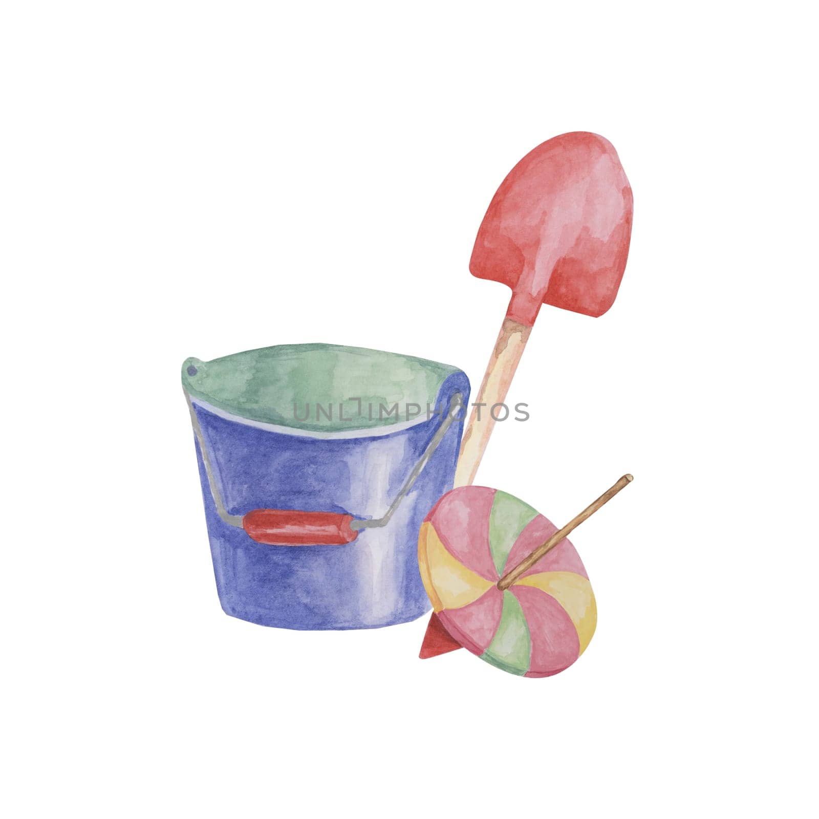 Toy bucket, shovel and whirligig. Beach sand play clipart, retro spinning top and gardening tools game watercolor illustration for kids party, sticker, postcard, invitation, baby shower, nursery decor