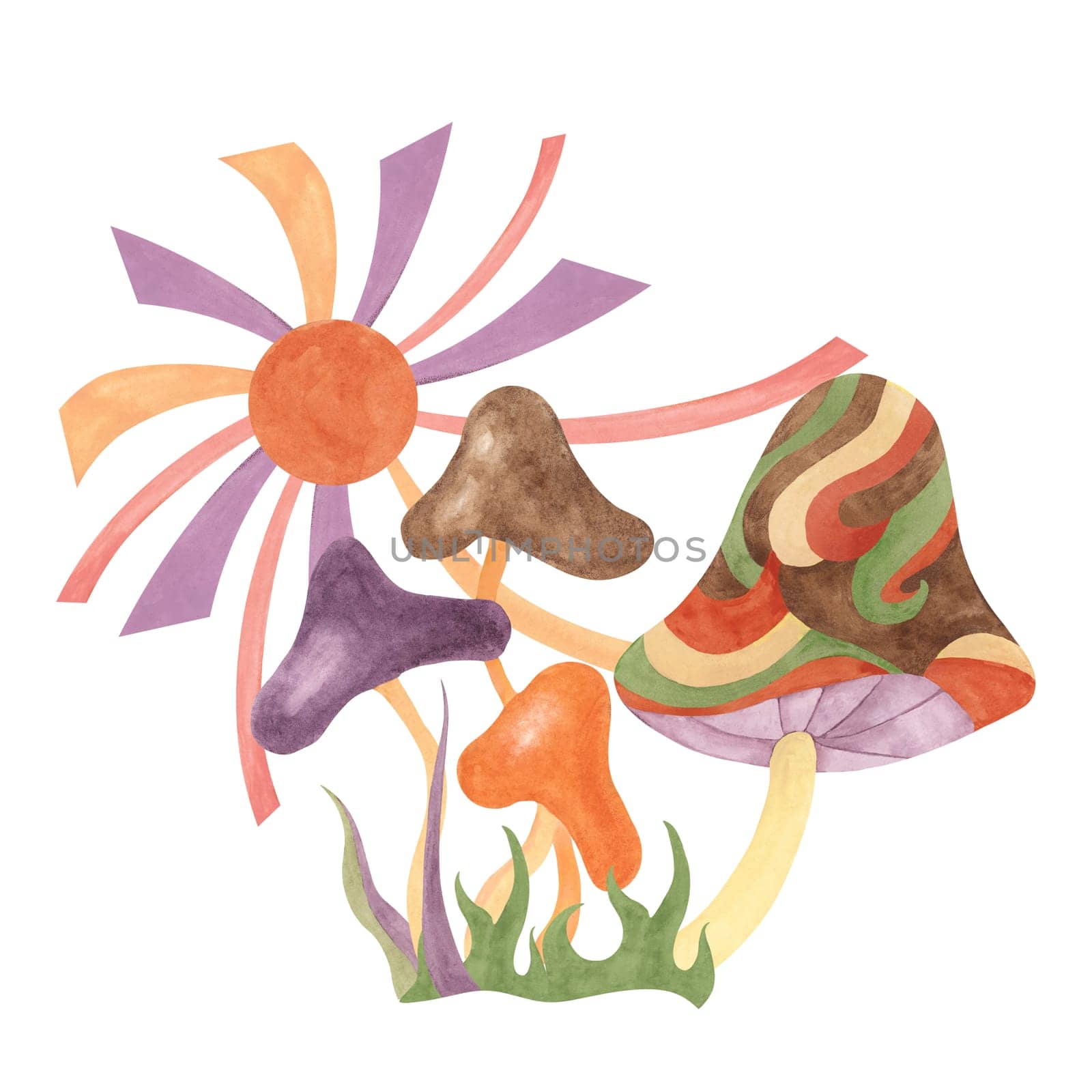 Retro hippie mushrooms and sun in 1970s style. Hippie psychedelic groovy fungus cliparts. Watercolor groovy illustration for printing cartoon style by Fofito