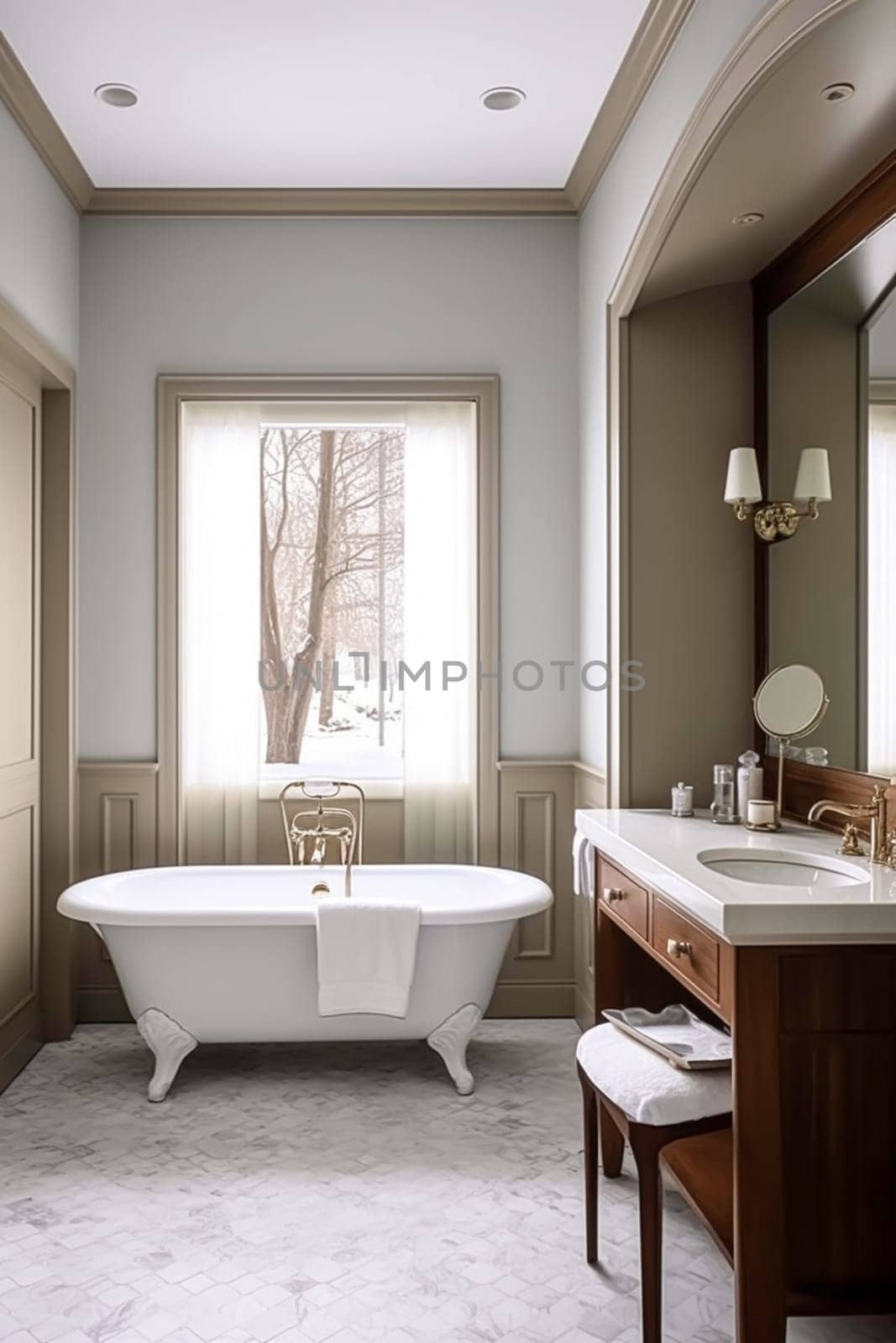 Country bathroom decor, interior design and home improvement, bathtub and bathroom furniture, country cottage style in winter, post-processed, generative ai