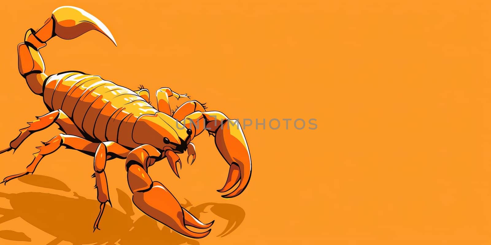 A yellow scorpion crawling on a vibrant orange backdrop by Kadula