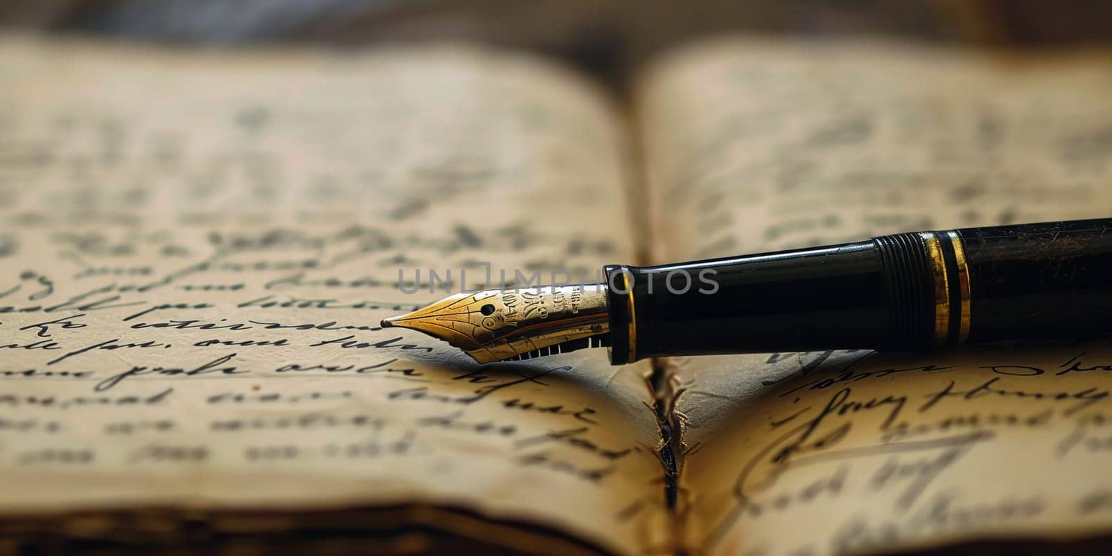 A pen is placed on top of open book, ready for writing or reading