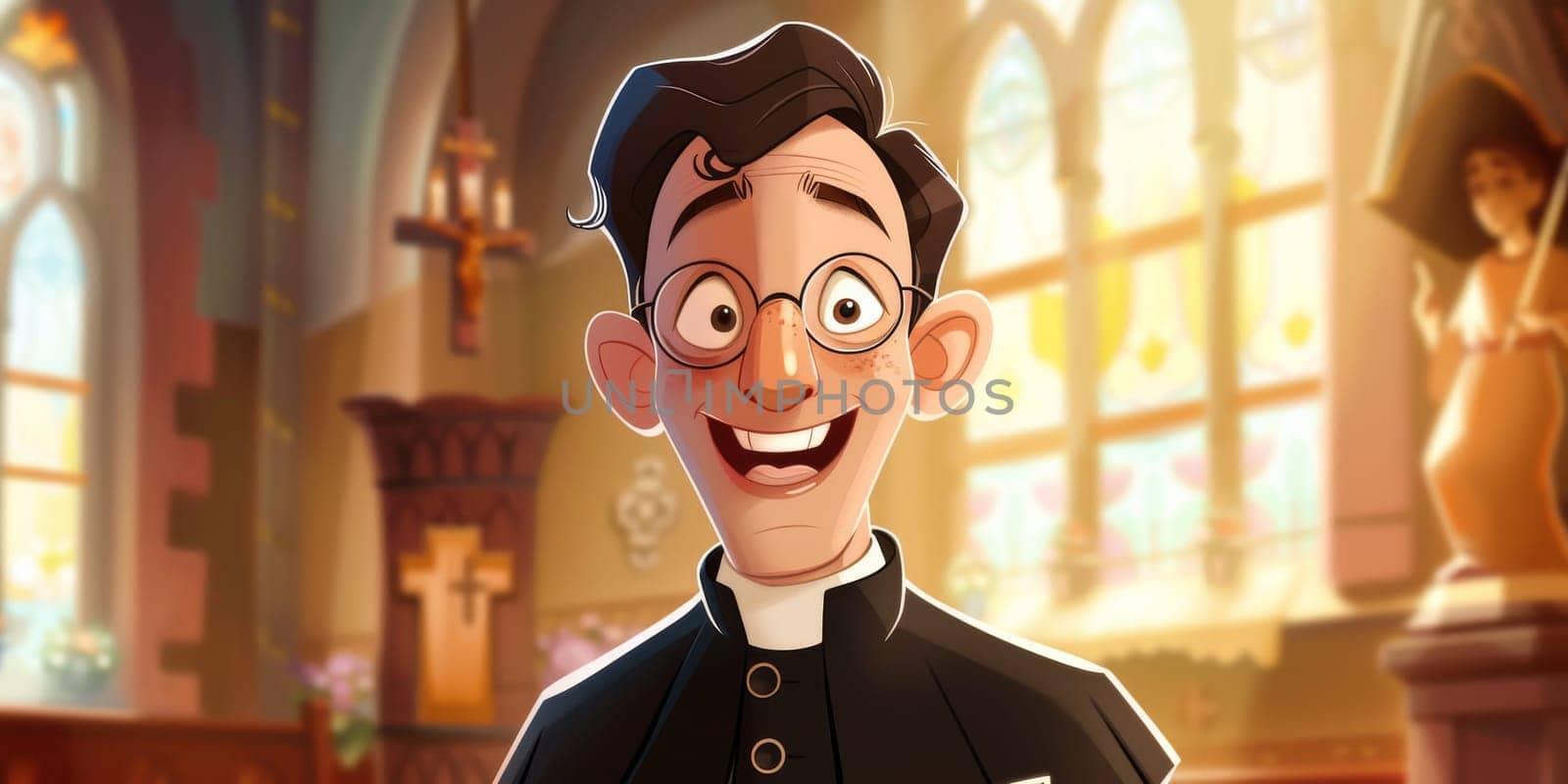 A cartoon priest stands inside church