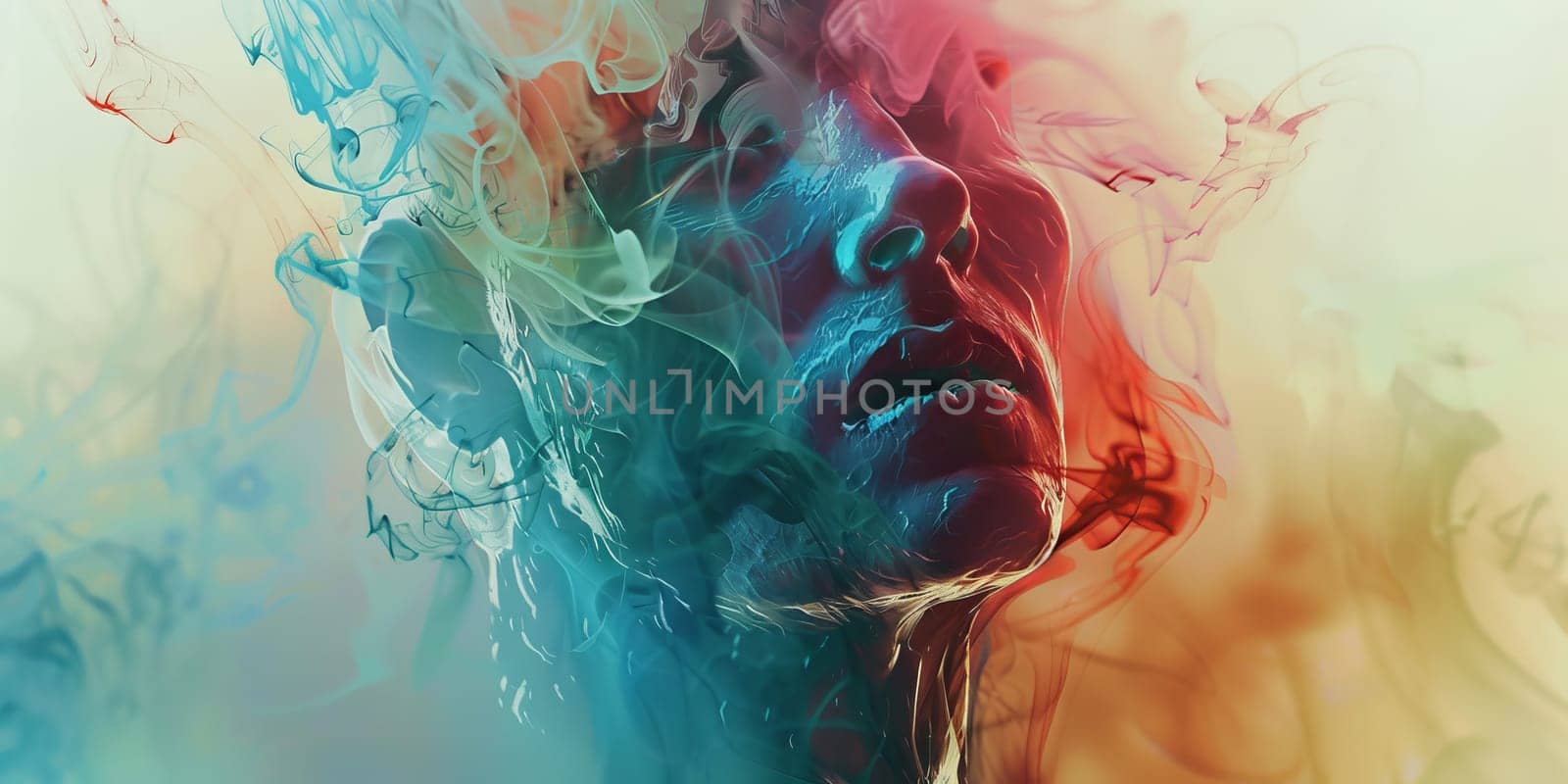 Painting depicting a womans face surrounded by vivid colored smoke by Kadula