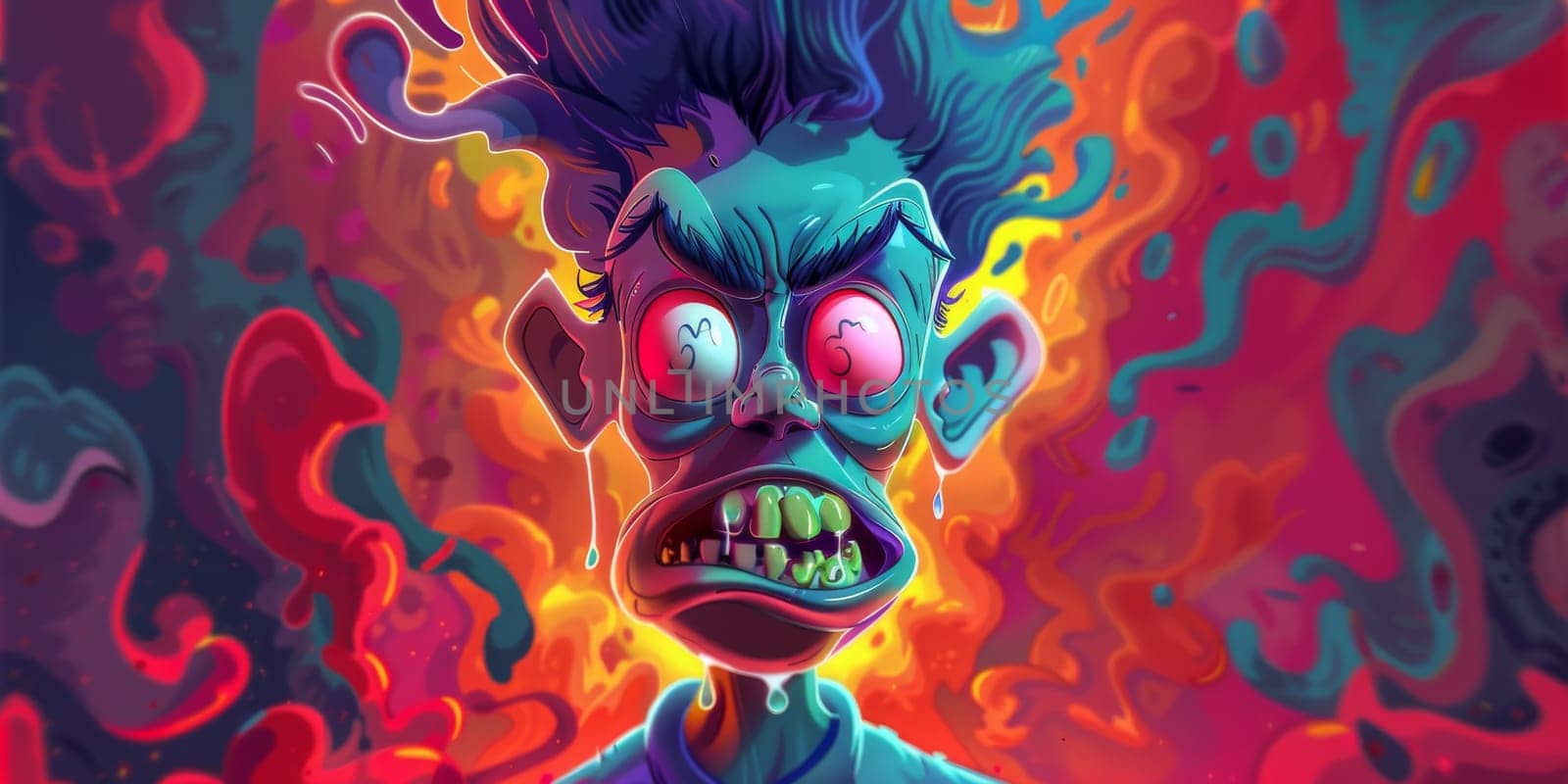 A painting depicting an angry aggressive man with a vibrant blue hair and piercing red eyes by Kadula