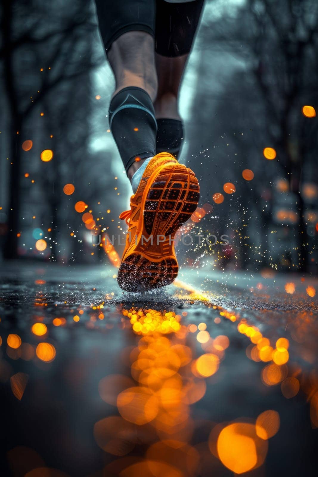 Runner makes a run on evening rainy city. Sneaker shoes, feet close-up. Sports and recreation concept. Success aand achievement. Ai gererated