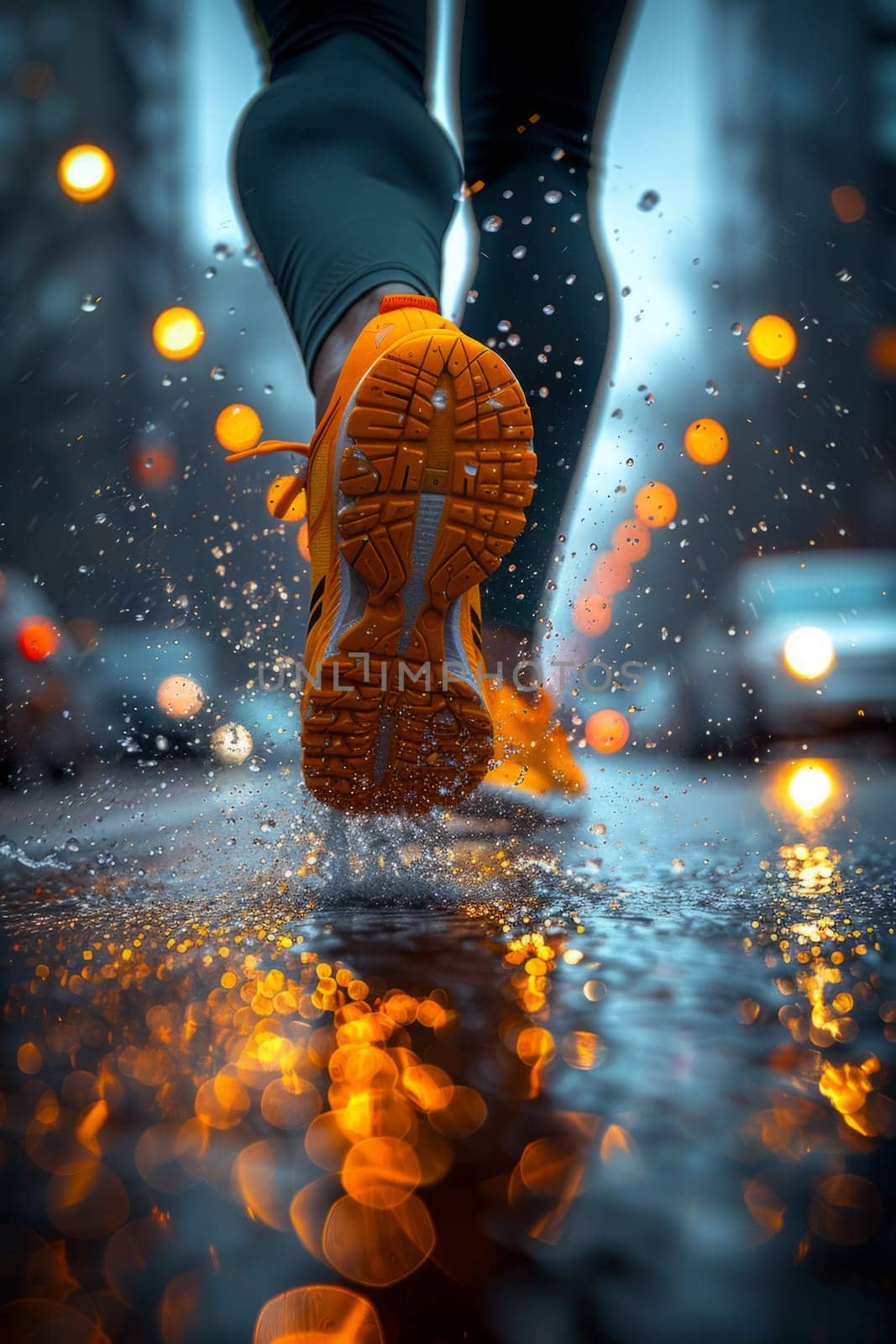 Runner makes a run on evening rainy city. Sneaker shoes, feet close-up. Sports and recreation concept. Success aand achievement. Ai gererated