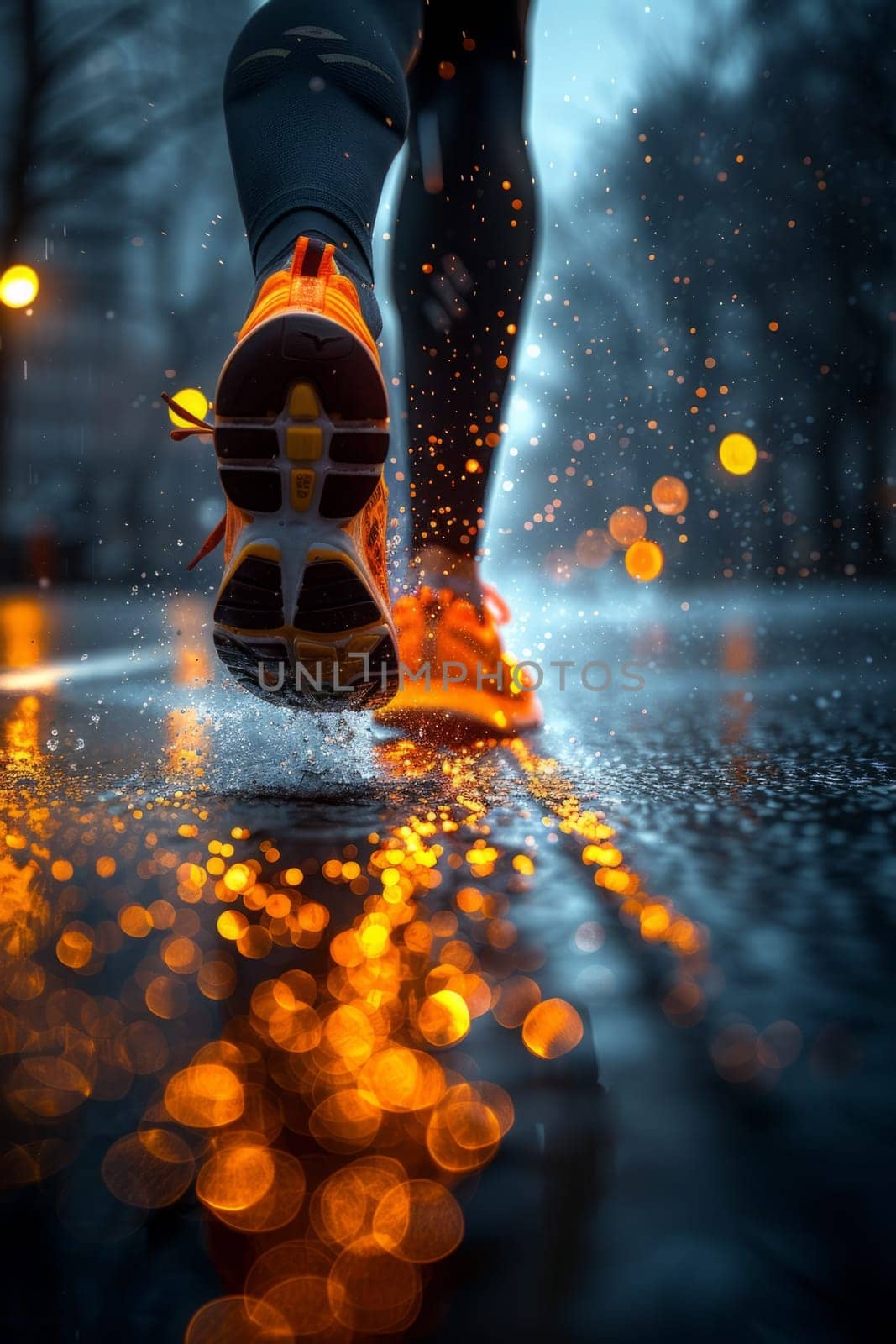 Runner makes a run on evening rainy city. Sneaker shoes, feet close-up. Sports and recreation concept. Success aand achievement. Ai gererated