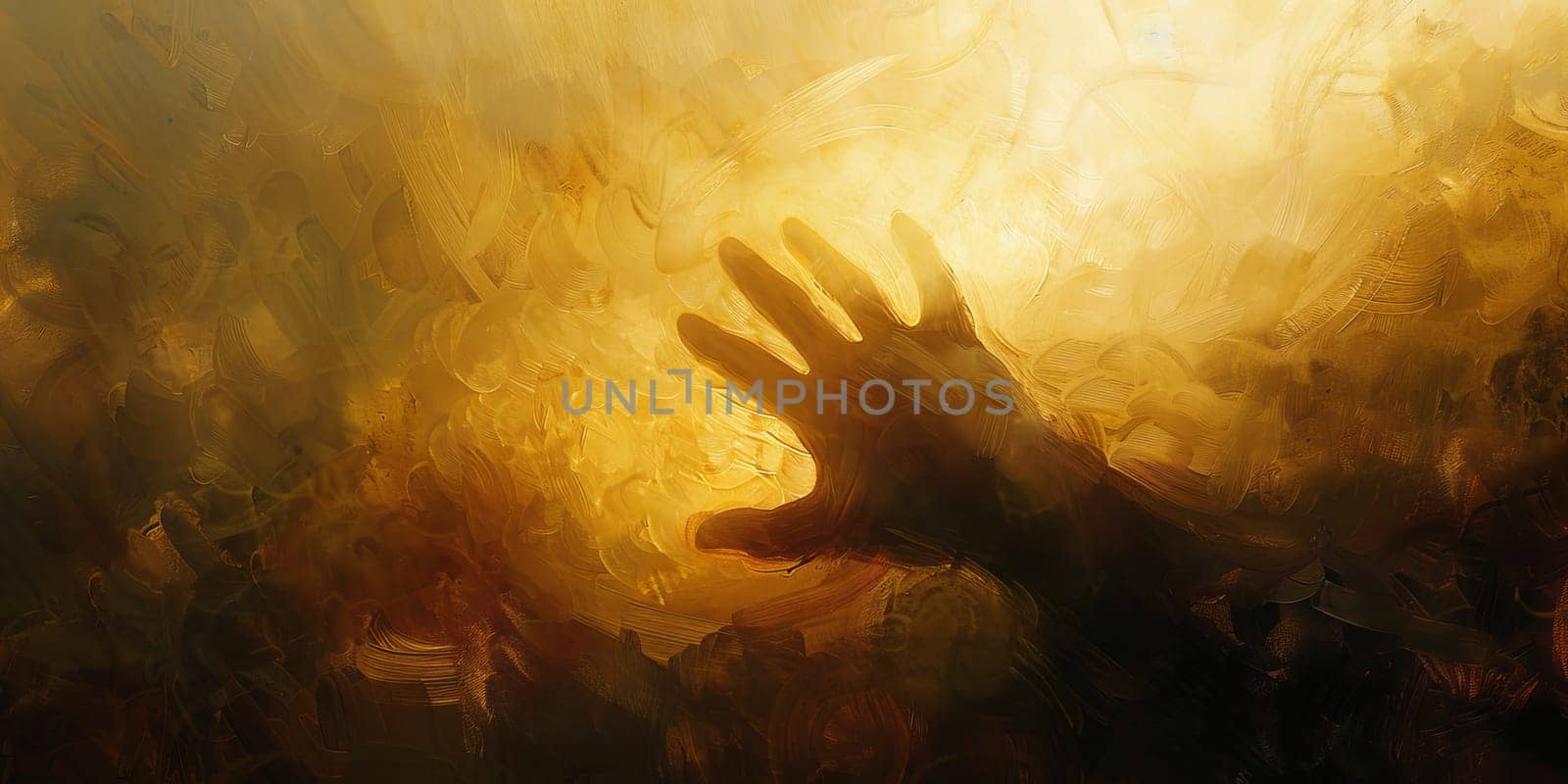 Painting of a persons hands reaching upwards against the sky by Kadula