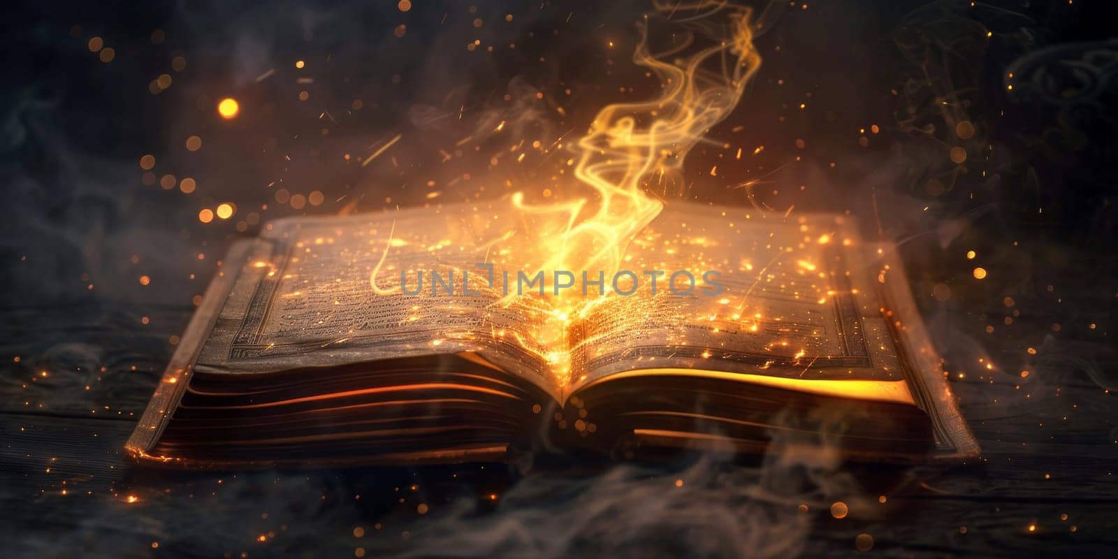 An open spellbook with flames bursting out of its pages